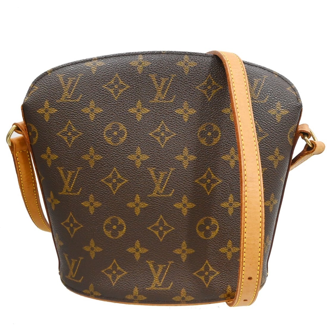 Louis Vuitton Monogram Canvas Drouot Brown Shoulder Bag France: Louis Vuitton Monogram Canvas Drouot Brown Shoulder Bag France This Louis Vuitton Drouot handbag features the iconic Monogram canvas in brown, designed for women. The bag shows visible scuffs, scratch