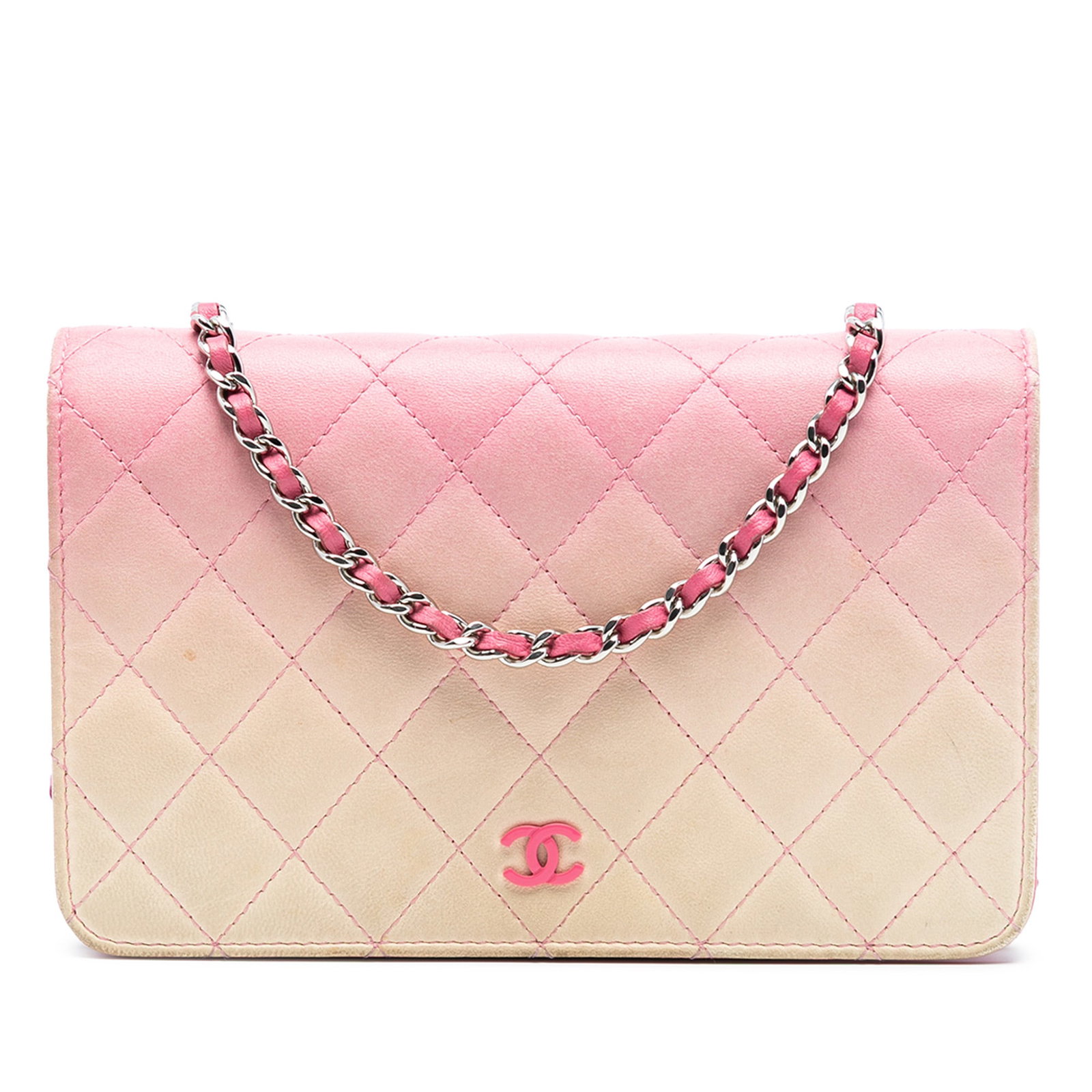 Pink Ombre Degrade Lambskin Chanel Wallet on Chain with Quilted Design: Pink Ombre Degrade Lambskin Chanel Wallet on Chain with Quilted Design This Chanel Ombre Lambskin Degrade Wallet On Chain features a quilted lambskin leather body, a leather-woven chain strap, a front