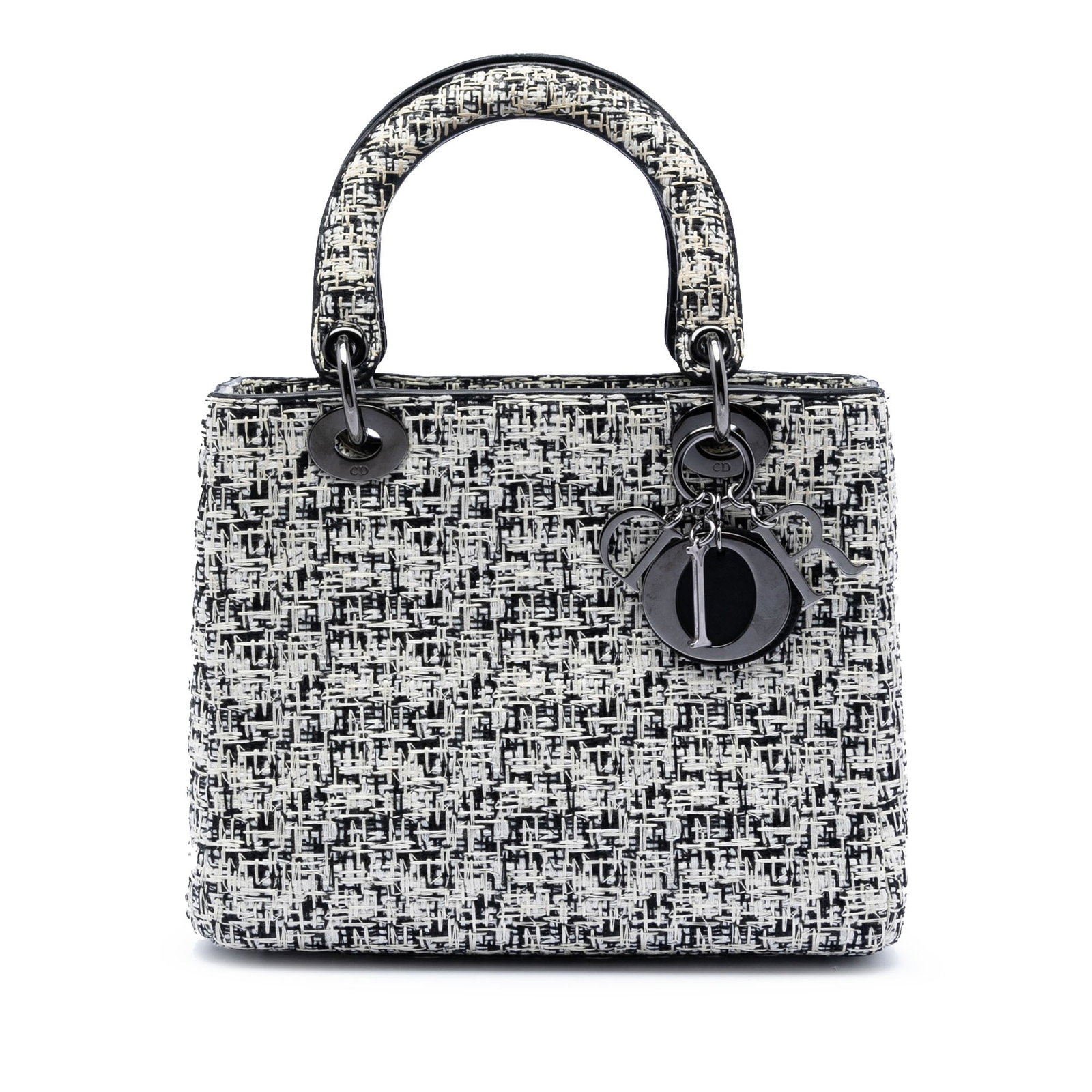 Dior Lady Dior Medium White Tweed Handbag with Leather Handles: Dior Lady Dior Medium White Tweed Handbag with Leather Handles This Lady Dior bag showcases a tweed body complemented by flat leather handles. It features a top zip closure and an interior zip pocket.