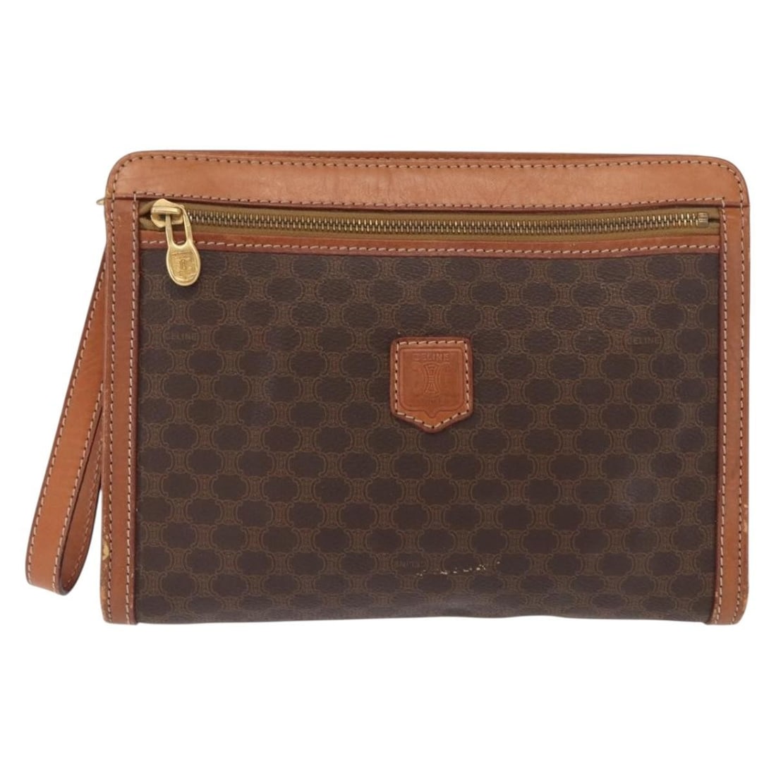 Macadam Pochette Bag by Celine in Brown Canvas and Leather: Macadam Pochette Bag by Celine in Brown Canvas and Leather This Celine Macadam Pochette is crafted from brown canvas with leather trim. Designed for women, it features a compact silhouette and a class