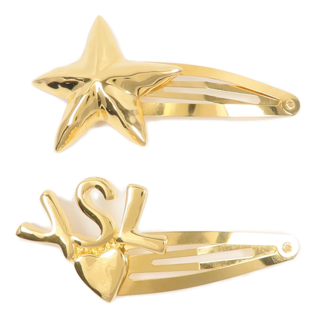 Saint Laurent Valletta brass gold hair clip set: Saint Laurent Valletta brass gold hair clip set This SAINT LAURENT hair clip set features a chic YSL and star design crafted from gold-tone brass. Designed in the Valletta style, these clips add a tou