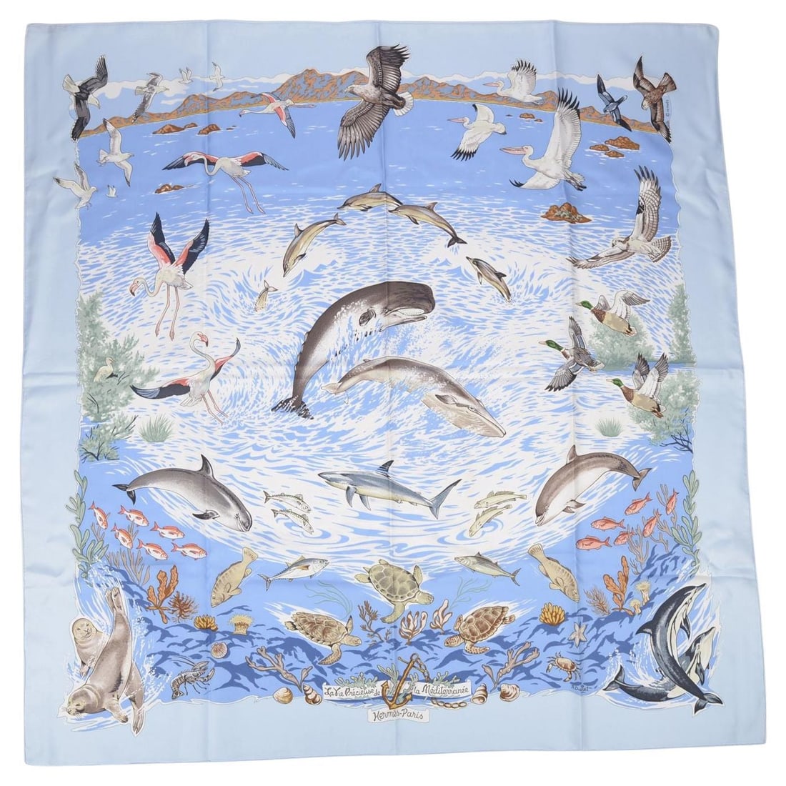 Hermes La Vie Precieuse de la Mediterranee Silk Scarf by Robert Dallet: Hermes La Vie Precieuse de la Mediterranee Silk Scarf by Robert Dallet Hermes "La Vie Precieuse de la Mediterranee" scarf features a vibrant ocean life motif depicting marine animals and birds such as