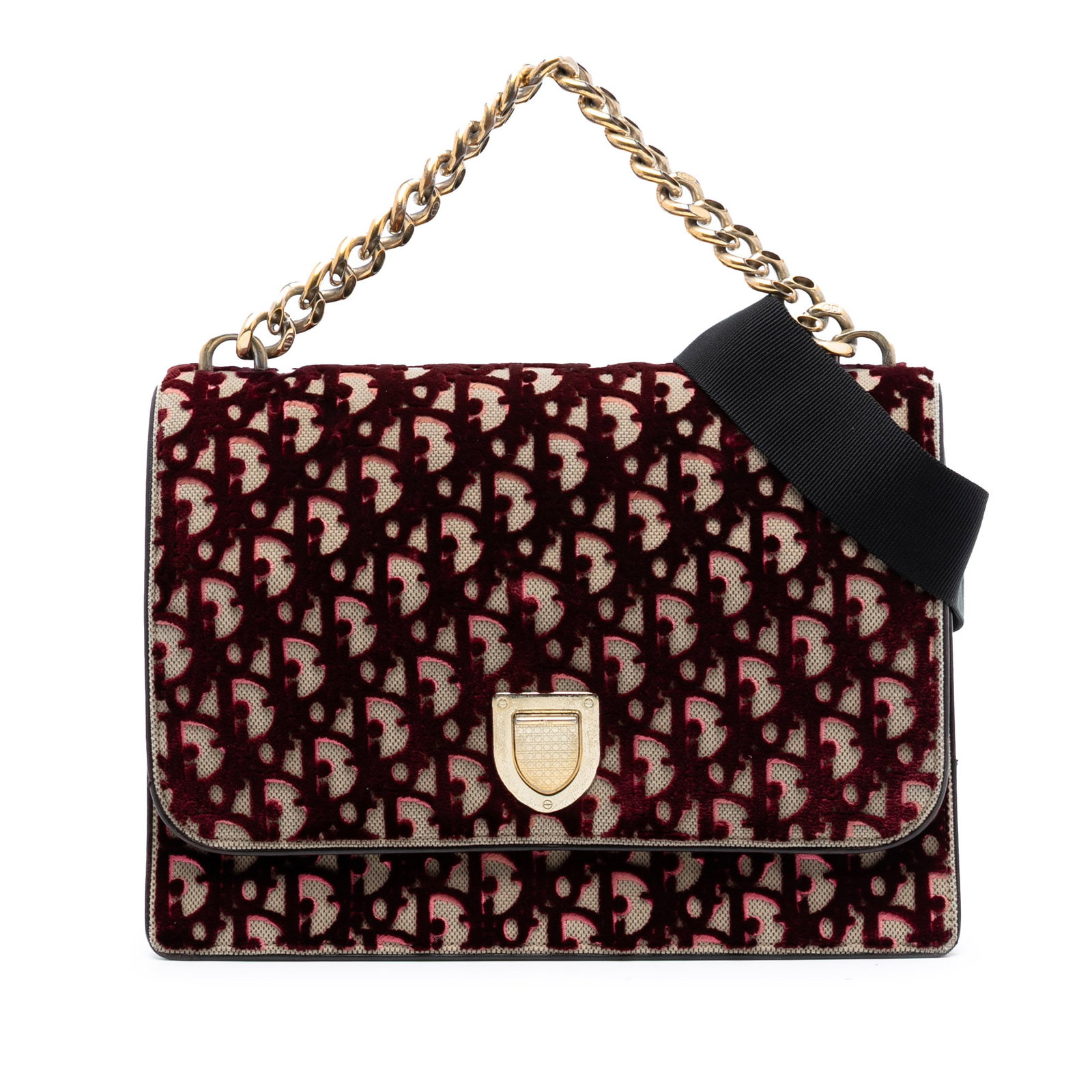 Dior Large Diorama Flap Shoulder Bag in Canvas and Velvet Oblique Red: Dior Large Diorama Flap Shoulder Bag in Canvas and Velvet Oblique Red This Dior Large Oblique Canvas and Velvet Diorama Flap bag features a canvas body with velvet Oblique detailing, a chain link and 