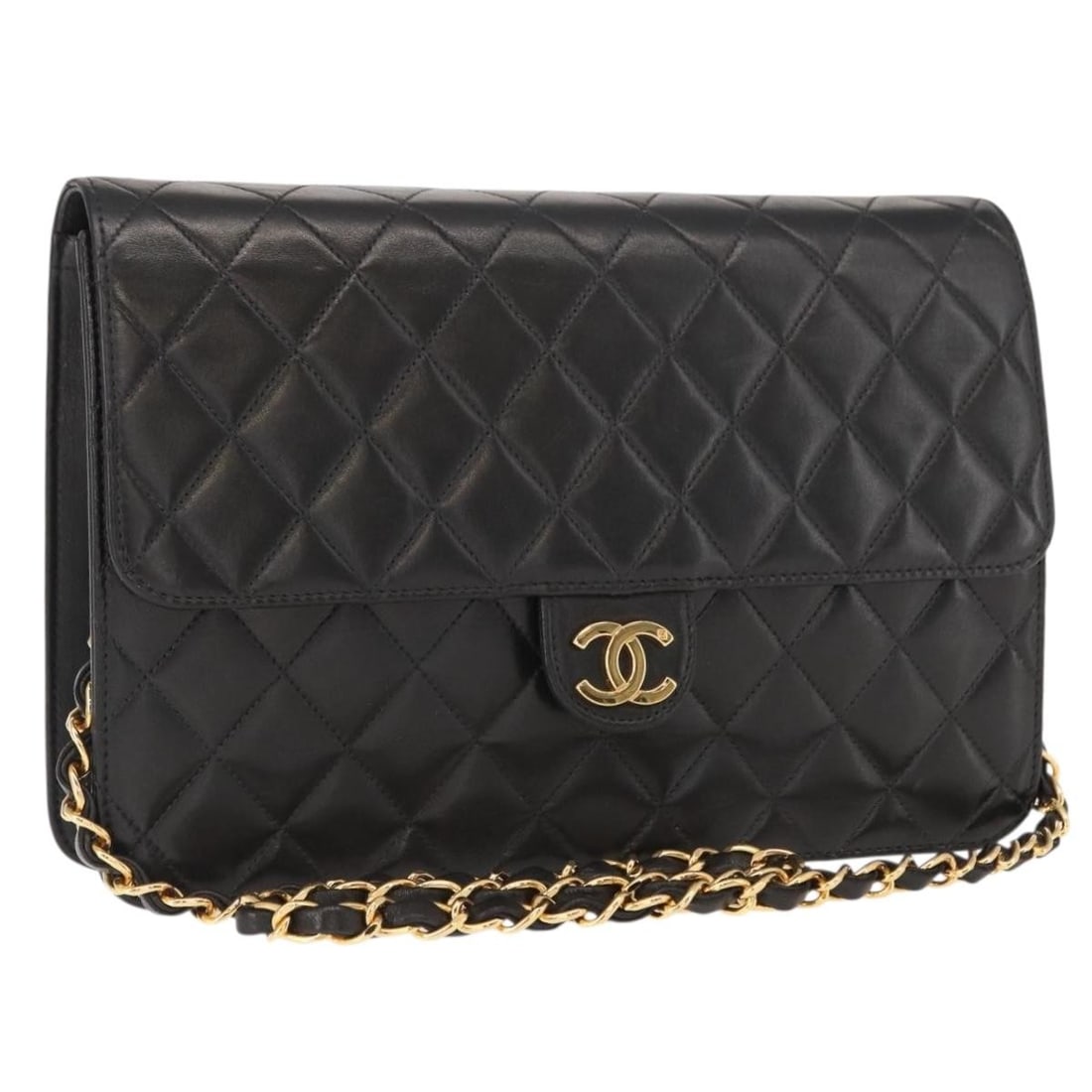 CHANEL Matelasse 25 Black Gold Lamb Skin Shoulder Bag Auth: CHANEL Matelasse 25 Black Gold Lamb Skin Shoulder Bag Auth This stunning CHANEL Matelasse 25 Chain Shoulder Bag is crafted from luxurious lambskin leather in an elegant black and gold color combinatio