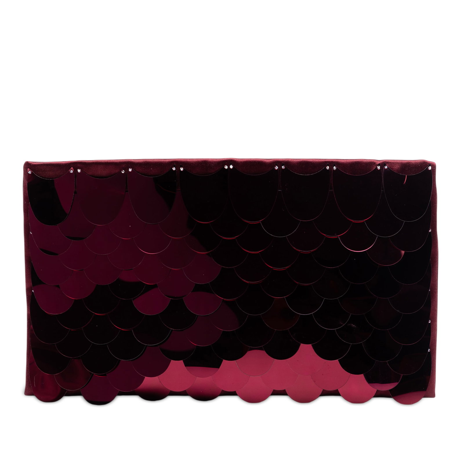 Red Prada Raso Paillettes Satin Clutch with Sequins and Zip Pocket: Red Prada Raso Paillettes Satin Clutch with Sequins and Zip Pocket This Prada Raso Paillettes Clutch showcases a sequined satin exterior in red, featuring a top zip closure and an interior zip pocket.
