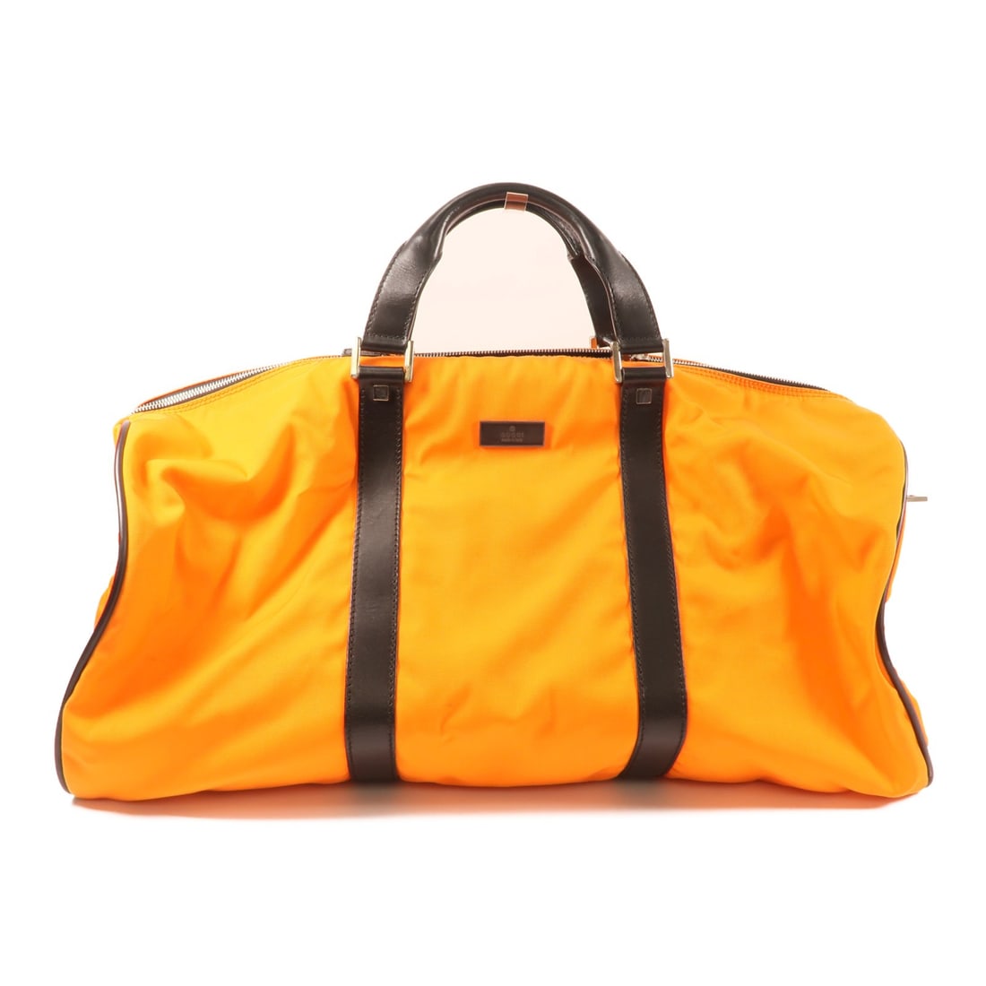 Orange Nylon Boston Bag by Gucci Model 0120399 with Silver Hardware: Orange Nylon Boston Bag by Gucci Model 0120399 with Silver Hardware This GUCCI Boston bag is crafted from durable orange nylon and features a classic Boston silhouette. Made in Italy, the bag offers g