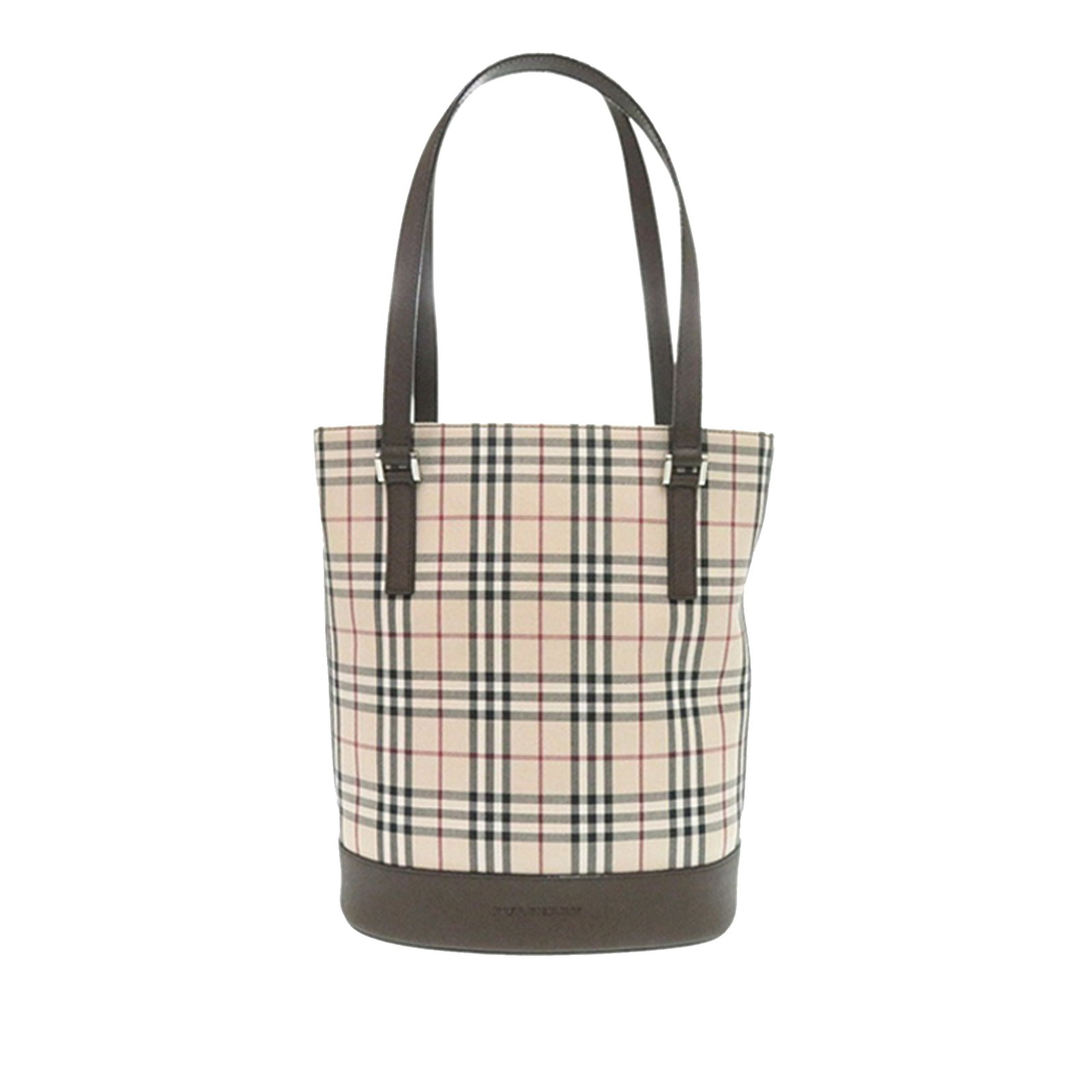 Beige Canvas Bucket Bag with Leather Trim by Burberry House Check: Beige Canvas Bucket Bag with Leather Trim by Burberry House Check This Burberry House Check Canvas Bucket Bag features a classic canvas body with leather trim, flat leather straps, a top zip closure, 