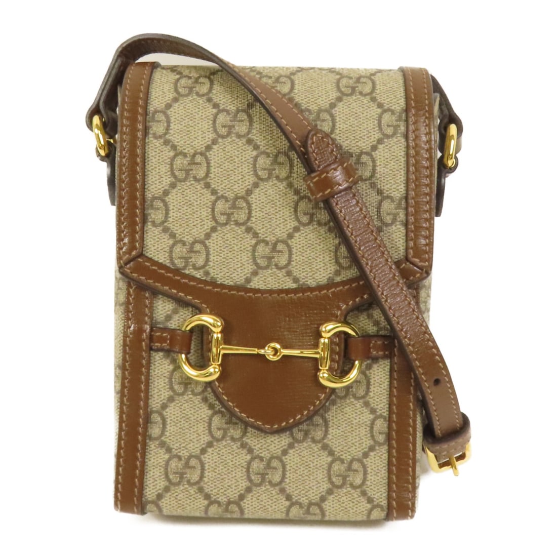 Gucci Horsebit 1955 Mini Shoulder Bag Brown Coated Canvas Gold Hardware: Gucci Horsebit 1955 Mini Shoulder Bag Brown Coated Canvas Gold Hardware This is a GUCCI Horsebit 1955 Mini Shoulder Bag crafted from brown PVC coated canvas. The bag features a classic design with a c