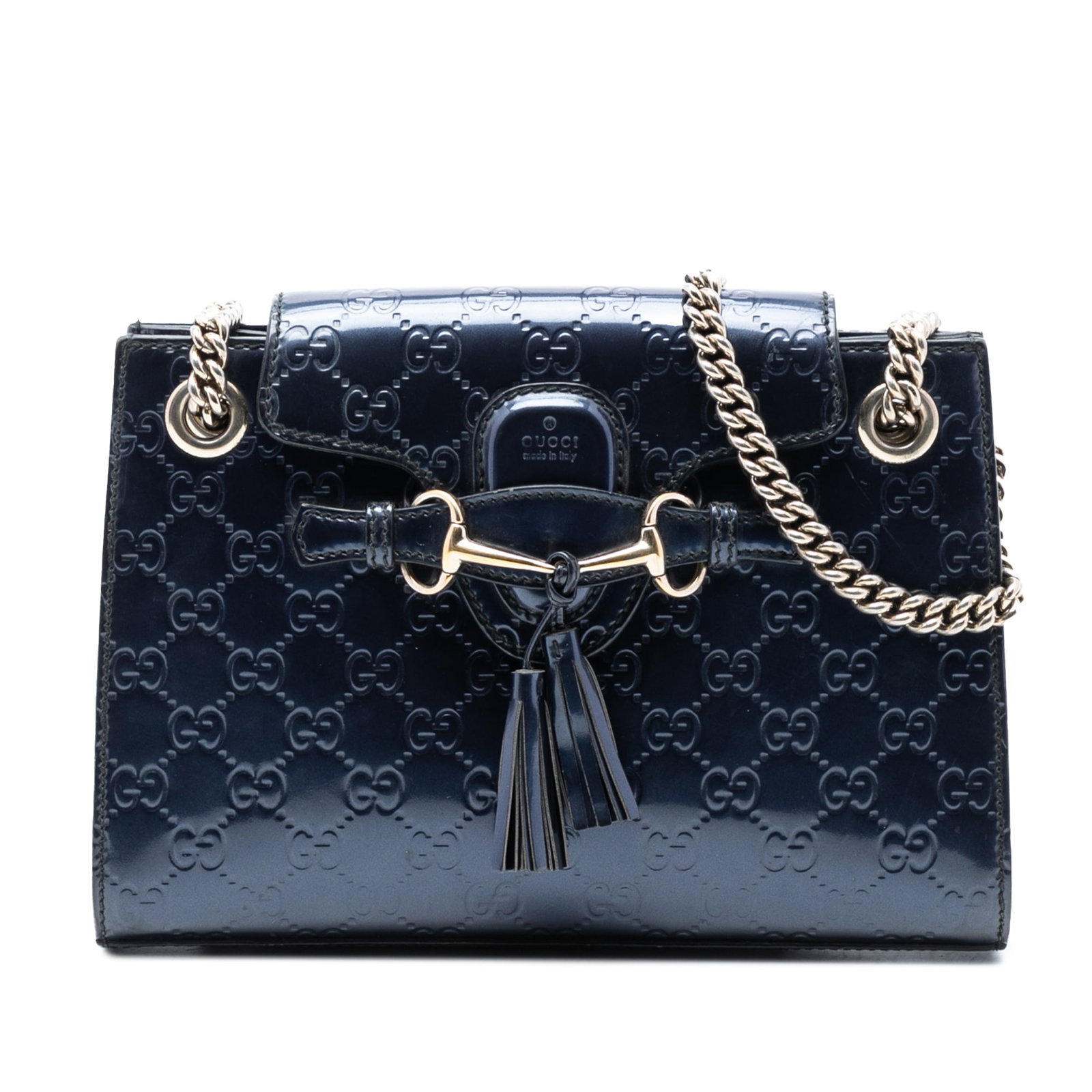Gucci Emily Small Blue Patent Guccissima Shoulder Bag with Chain Strap: Gucci Emily Small Blue Patent Guccissima Shoulder Bag with Chain Strap This Small Guccissima Patent Emily Shoulder Bag features embossed patent leather in blue, chain link straps with leather shoulder