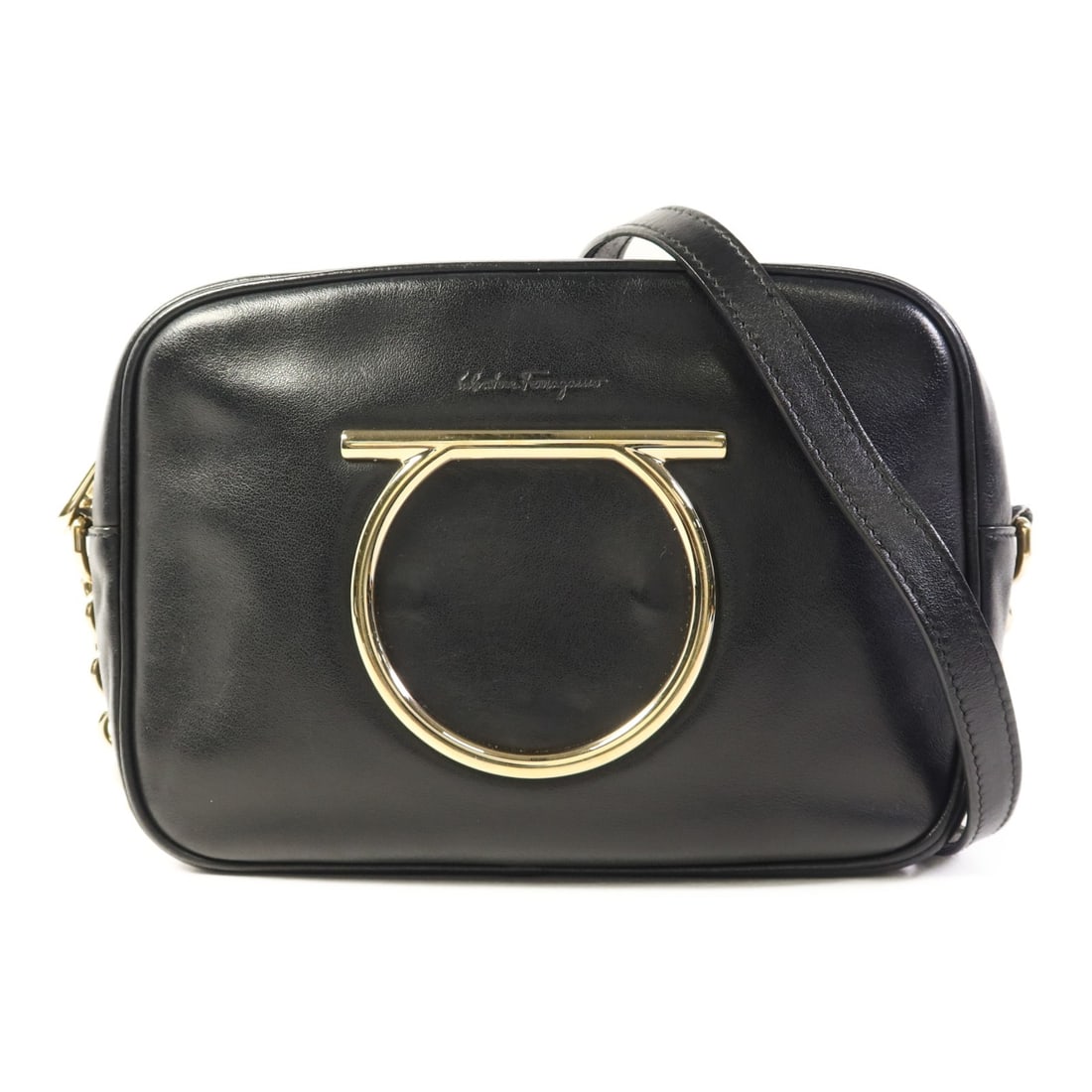Salvatore Ferragamo Gancini Black Calfskin Leather Shoulder Bag: Salvatore Ferragamo Gancini Black Calfskin Leather Shoulder Bag Discover the elegance of the Salvatore Ferragamo Gancini Camera Bag, a sophisticated shoulder bag crafted from premium calfskin leather 