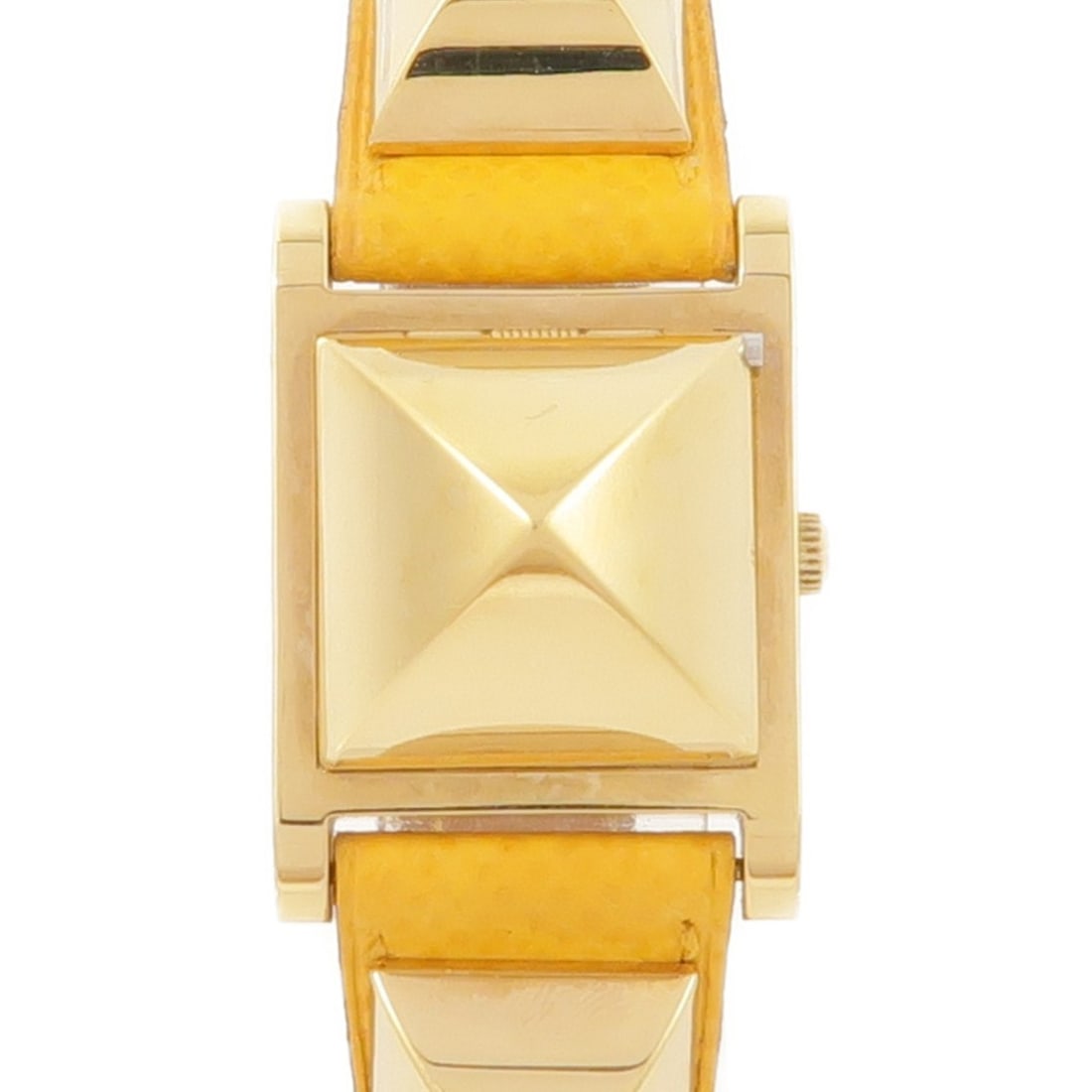 Hermes Medor Quartz Gold Plated White Dial Wristwatch: Hermes Medor Quartz Gold Plated White Dial Wristwatch This Hermes Medor wristwatch features a gold-plated case and band, complemented by a white dial and white frame. Designed for women, it operates w