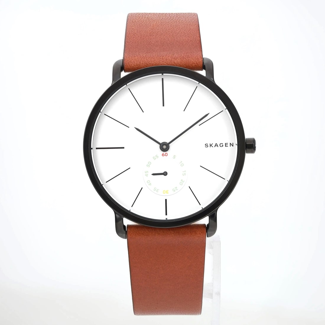 Skagen Hagen Black Steel White Dial Brown Leather Strap Quartz Watch SKW6216: Skagen Hagen Black Steel White Dial Brown Leather Strap Quartz Watch SKW6216 Discover the Skagen Hagen Men's Quartz Watch, a perfect blend of style and functionality. This casual wristwatch features a