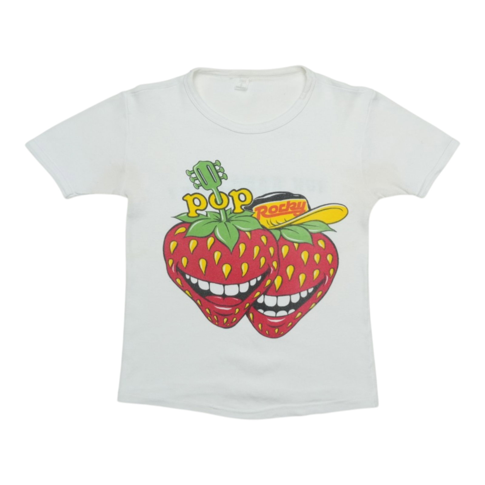 Vintage 1970s Pop Rocky Graphic Magazine Cotton Shirt White: Vintage 1970s Pop Rocky Graphic Magazine Cotton Shirt White This is an original vintage Pop Rocky Magazine shirt from the 1970s, featuring graphics on both the front and back. Made from 100% cotton, t