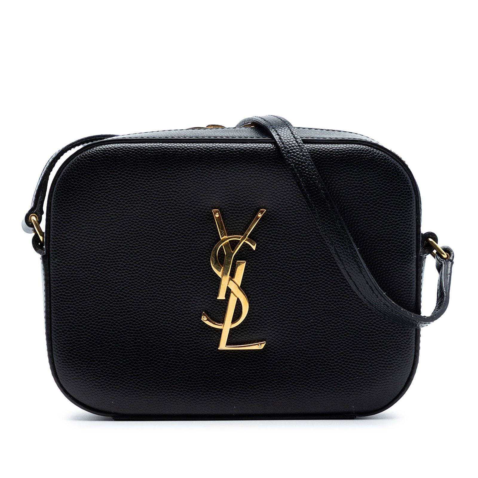 Black Leather Crossbody Small Camera Bag by Saint Laurent: Black Leather Crossbody Small Camera Bag by Saint Laurent This Saint Laurent Small Grain De Poudre Classic Monogram Camera Bag features a black leather exterior, a flat leather shoulder strap, a top z