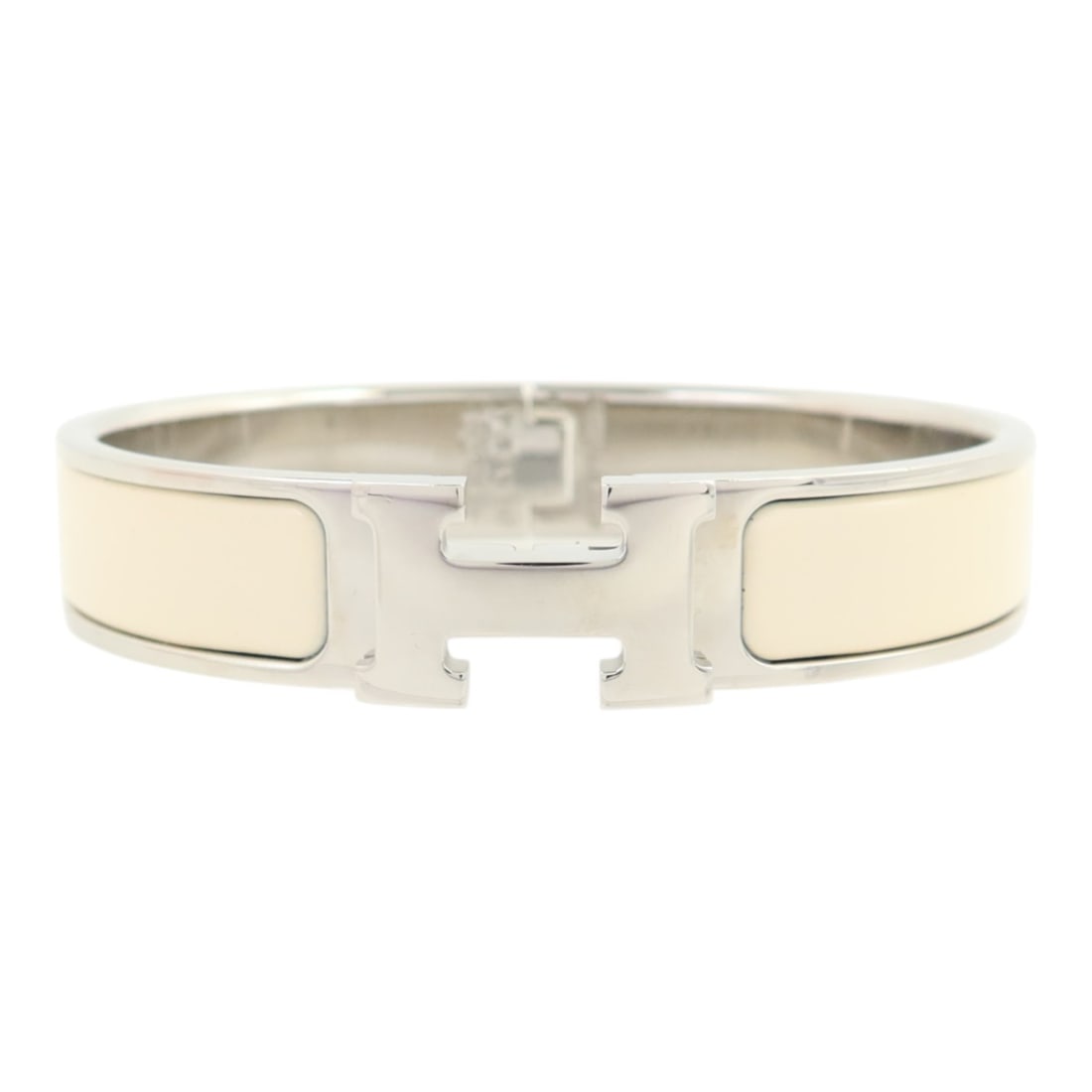 Hermes Clic H White Enamel Bangle Bracelet Palladium Hardware: Hermes Clic H White Enamel Bangle Bracelet Palladium Hardware This Hermes Clic H bracelet is crafted with white enamel and silver-tone metal, offering a stylish and contemporary accessory for women. M