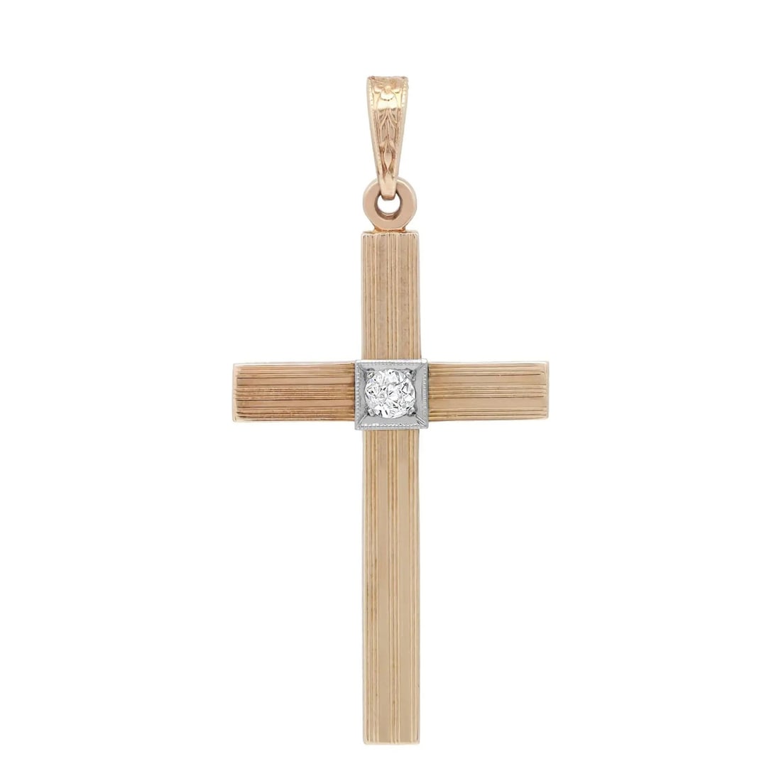 Rachel Koen 14K Multi-Tone Gold Diamond Cross Pendant 0.09ctw: Rachel Koen 14K Multi-Tone Gold Diamond Cross Pendant 0.09ctw This exquisite cross pendant by Rachel Koen is crafted in luxurious 14K multi-tone gold, featuring a beautifully textured design. At its c