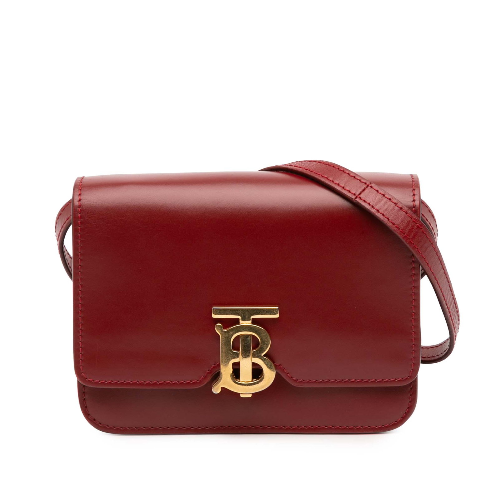 Red Mini TB Crossbody Bag by Burberry in Leather: Red Mini TB Crossbody Bag by Burberry in Leather This Burberry Mini Leather TB Crossbody features a red leather body with a flat leather strap, a top flap secured by a push-lock closure, and interior 