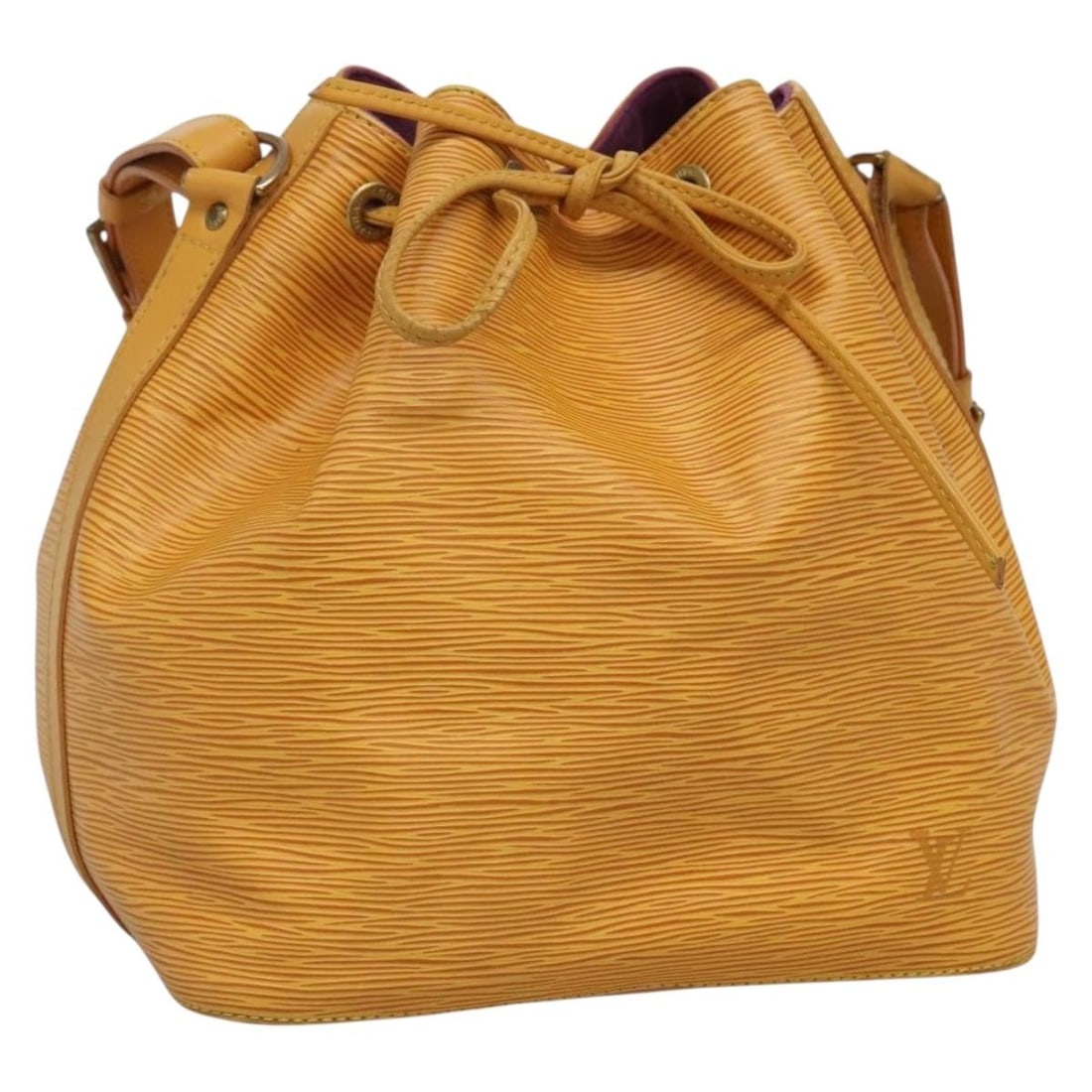 Yellow Epi Leather Noe Shoulder Bag by Louis Vuitton: Yellow Epi Leather Noe Shoulder Bag by Louis Vuitton This Louis Vuitton Noe handbag is crafted from yellow Epi leather and designed for women. The bag features a structured silhouette with a drawstrin