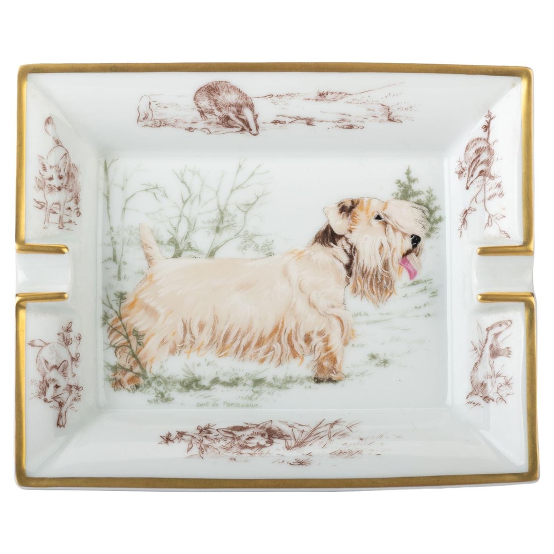 Hermes Vintage Porcelain Ashtray Schnauzer Design France: Hermes Vintage Porcelain Ashtray Schnauzer Design France Discover this exquisite vintage ashtray from Hermes, crafted in elegant white porcelain. This charming piece features a detailed schnauzer dog 