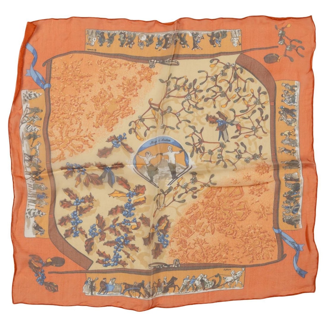 Hermes Niege d'Antan Silk Chiffon Gavroche Orange Brown 16in: Hermes Niege d'Antan Silk Chiffon Gavroche Orange Brown 16in Introducing the exquisite Hermes collectible "Niege d'Antan" Gavroche, a stunning piece crafted from silk chiffon featuring a vibrant orang
