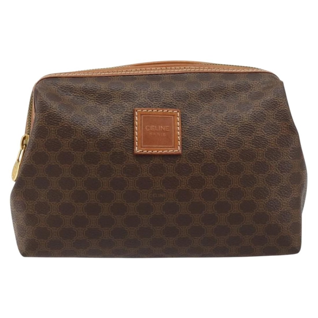Macadam Pochette Brown Canvas Leather Clutch by Celine: Macadam Pochette Brown Canvas Leather Clutch by Celine This Celine Macadam Pochette features a classic brown canvas exterior with leather trim, designed for women. The bag shows slight loss of shape, 