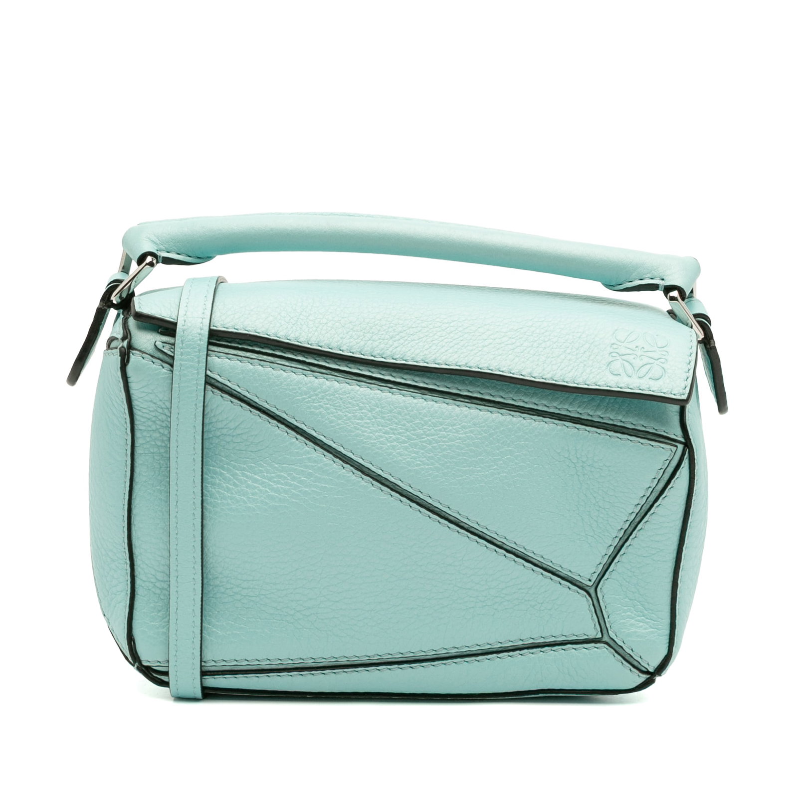 LOEWE Mini Calfskin Puzzle Satchel Blue Leather Bag: LOEWE Mini Calfskin Puzzle Satchel Blue Leather Bag Introducing the LOEWE Mini Calfskin Puzzle Satchel, an exquisite addition to your accessory collection. This stylish bag features a luxurious leathe
