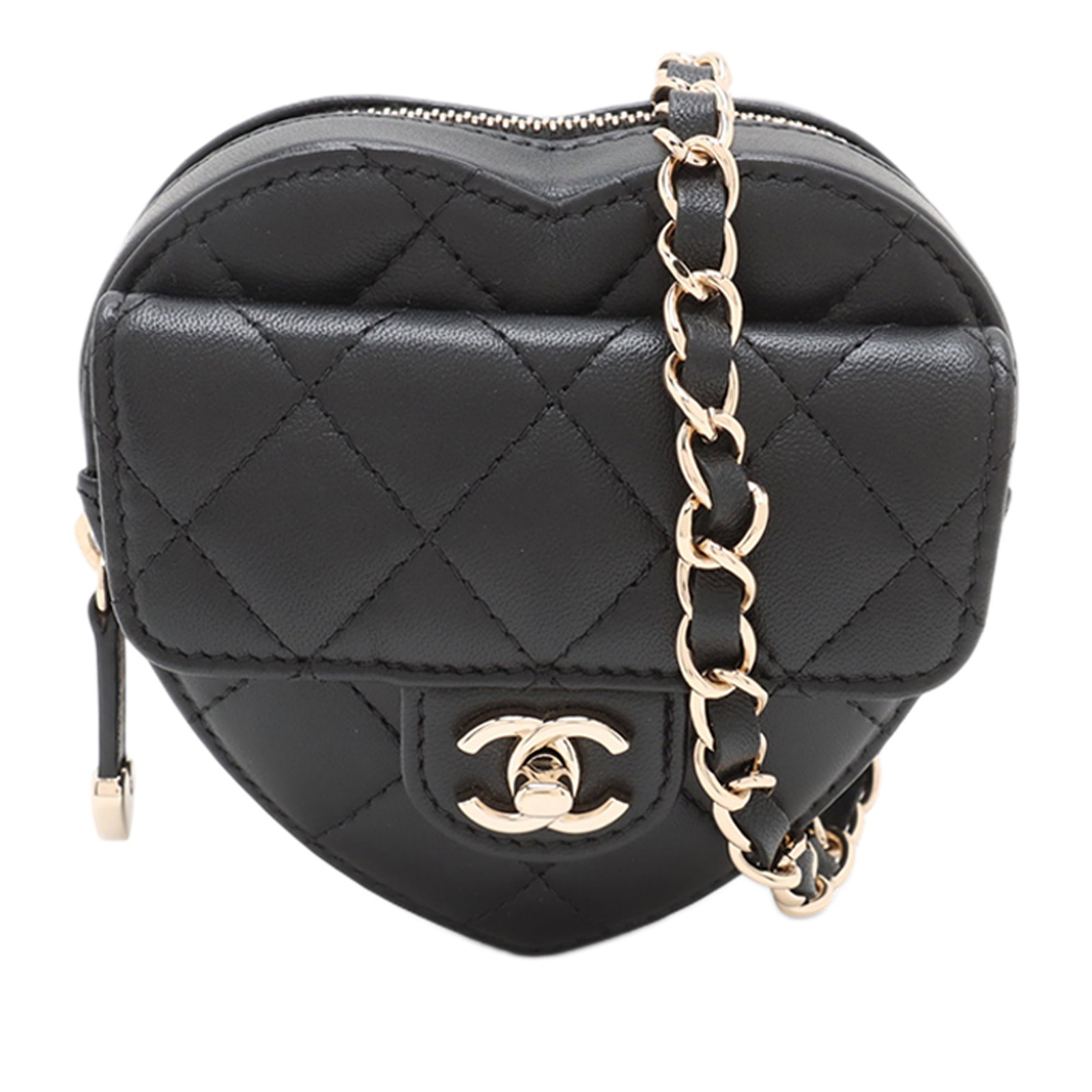 Chanel Heart Shaped Mini Lambskin Quilted Belt Bag with CC Turn Lock: Chanel Heart Shaped Mini Lambskin Quilted Belt Bag with CC Turn Lock This Chanel Mini Lambskin CC in Love Heart Belt Bag features a quilted lambskin leather body, a leather woven chain strap, a zip-ar