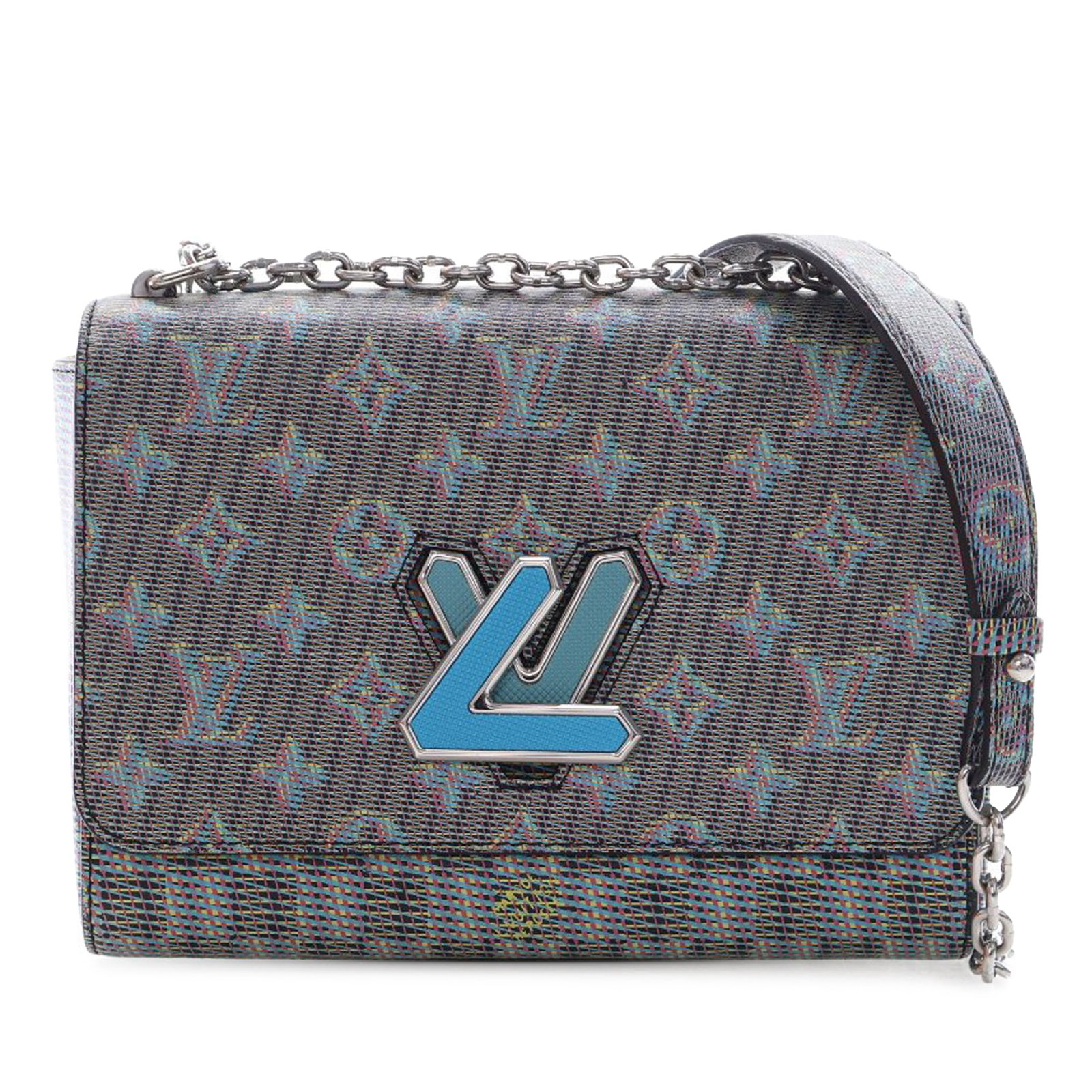 Louis Vuitton Pop Twist MM Blue Damier Monogram Canvas Shoulder Bag: Louis Vuitton Pop Twist MM Blue Damier Monogram Canvas Shoulder Bag This Louis Vuitton Damier Monogram Pop Twist MM bag features a distinctive blue monogram canvas body, a chain strap with a monogram 
