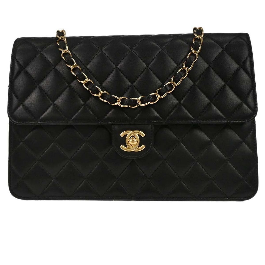 Chanel Classic Single Flap Black Lambskin Medium Shoulder Bag: Chanel Classic Single Flap Black Lambskin Medium Shoulder Bag This Chanel Classic Single Flap shoulder bag features black lambskin leather with a medium-sized silhouette and a turn lock closure. The b