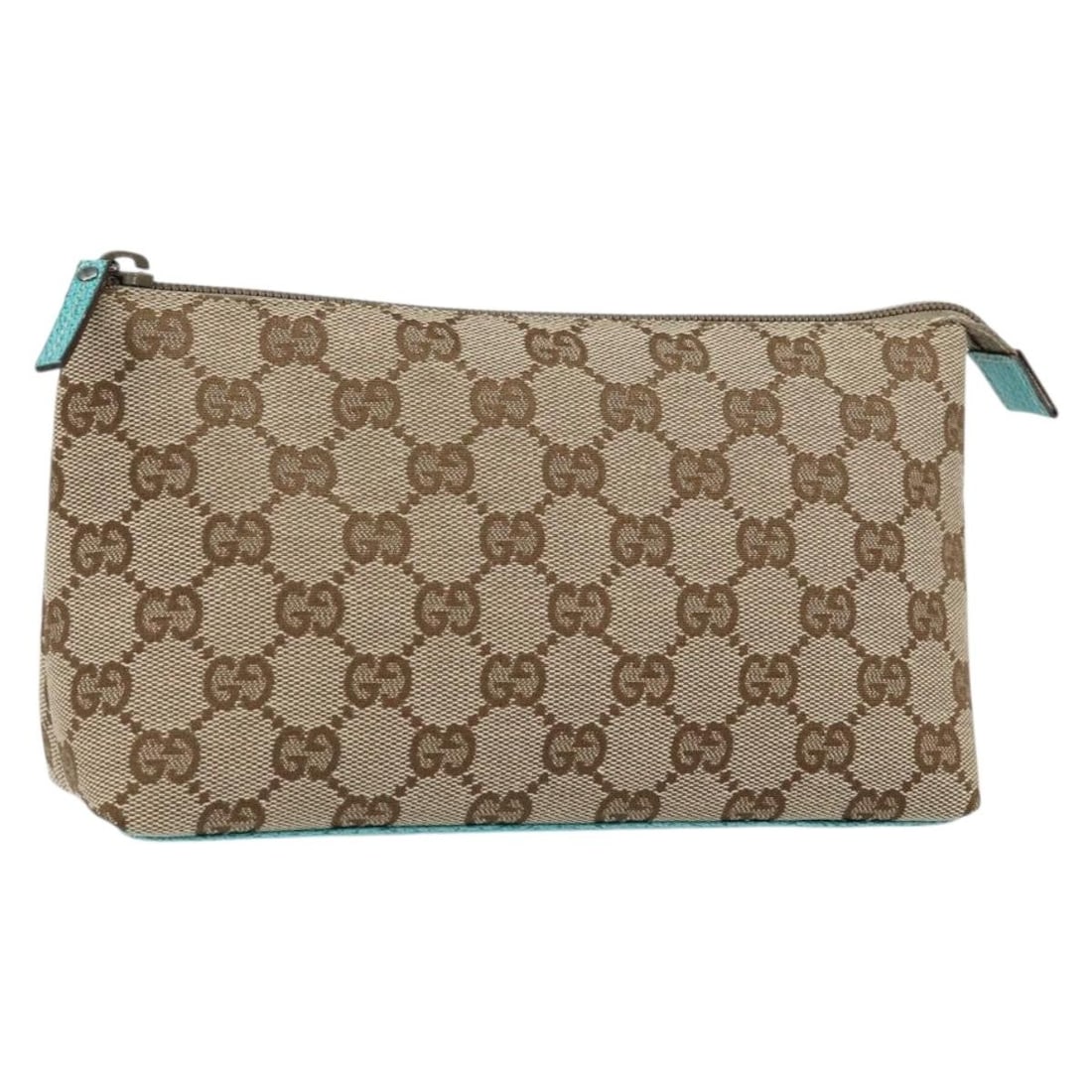 Beige and Turquoise GG Canvas Accessory Pouch by Gucci Model 115238: Beige and Turquoise GG Canvas Accessory Pouch by Gucci Model 115238 This is a Gucci GG Canvas accessory pouch featuring a beige, turquoise blue, and silver color scheme. Crafted in Italy, the pouch is