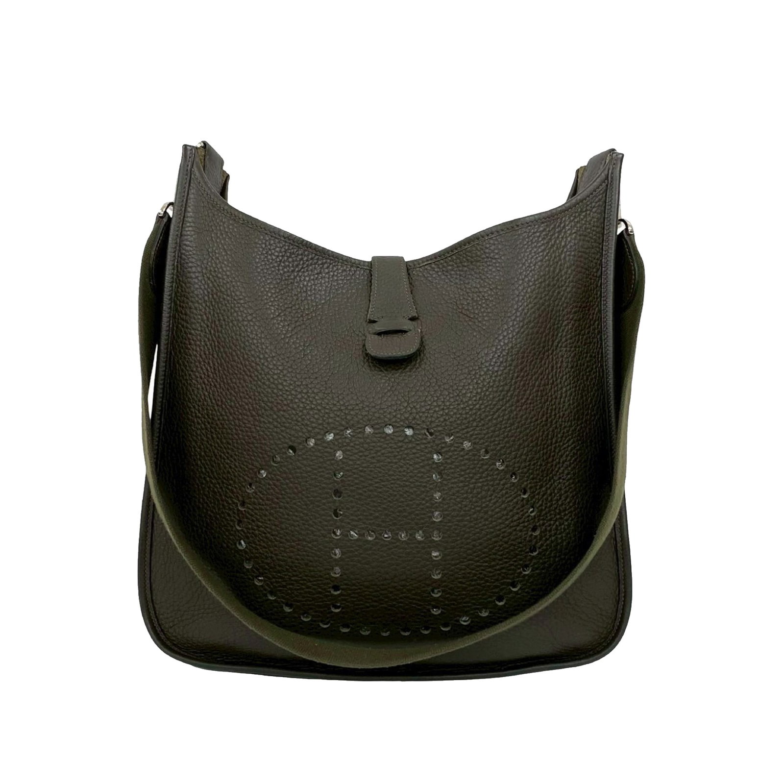 Hermes Evelyne II 33 Clemence Leather Shoulder Bag in Ecorse Brown: Hermes Evelyne II 33 Clemence Leather Shoulder Bag in Ecorse Brown The Hermes Clemence Evelyne II 33 is crafted from Clemence leather in Ecorse color and features a detachable flat canvas strap. The b