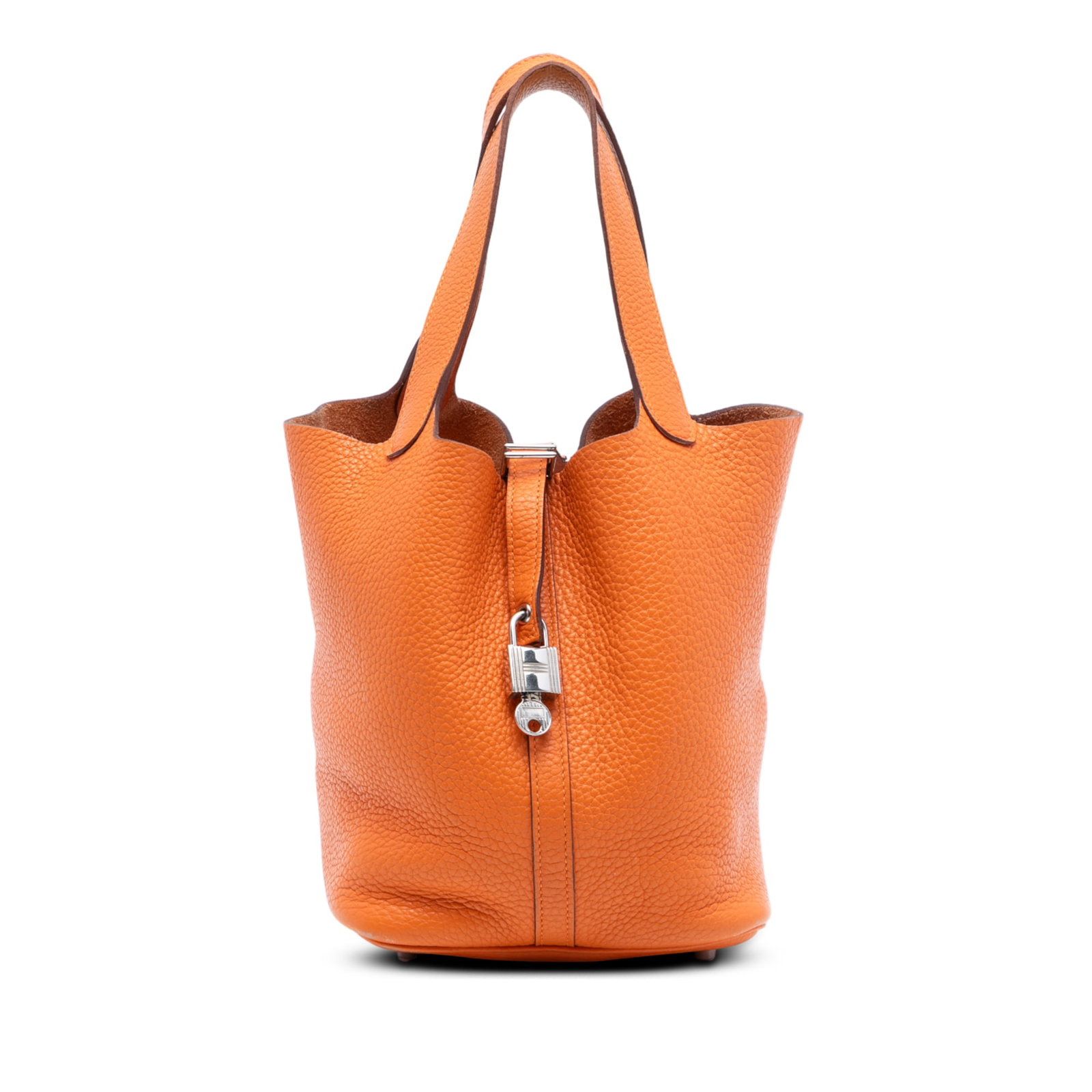 Orange Clemence Leather Picotin Lock 22 Bag with Padlock by Hermes: Orange Clemence Leather Picotin Lock 22 Bag with Padlock by Hermes The Hermes Clemence Picotin Lock 22 is crafted from orange Clemence leather and features flat leather handles. It has an open top des