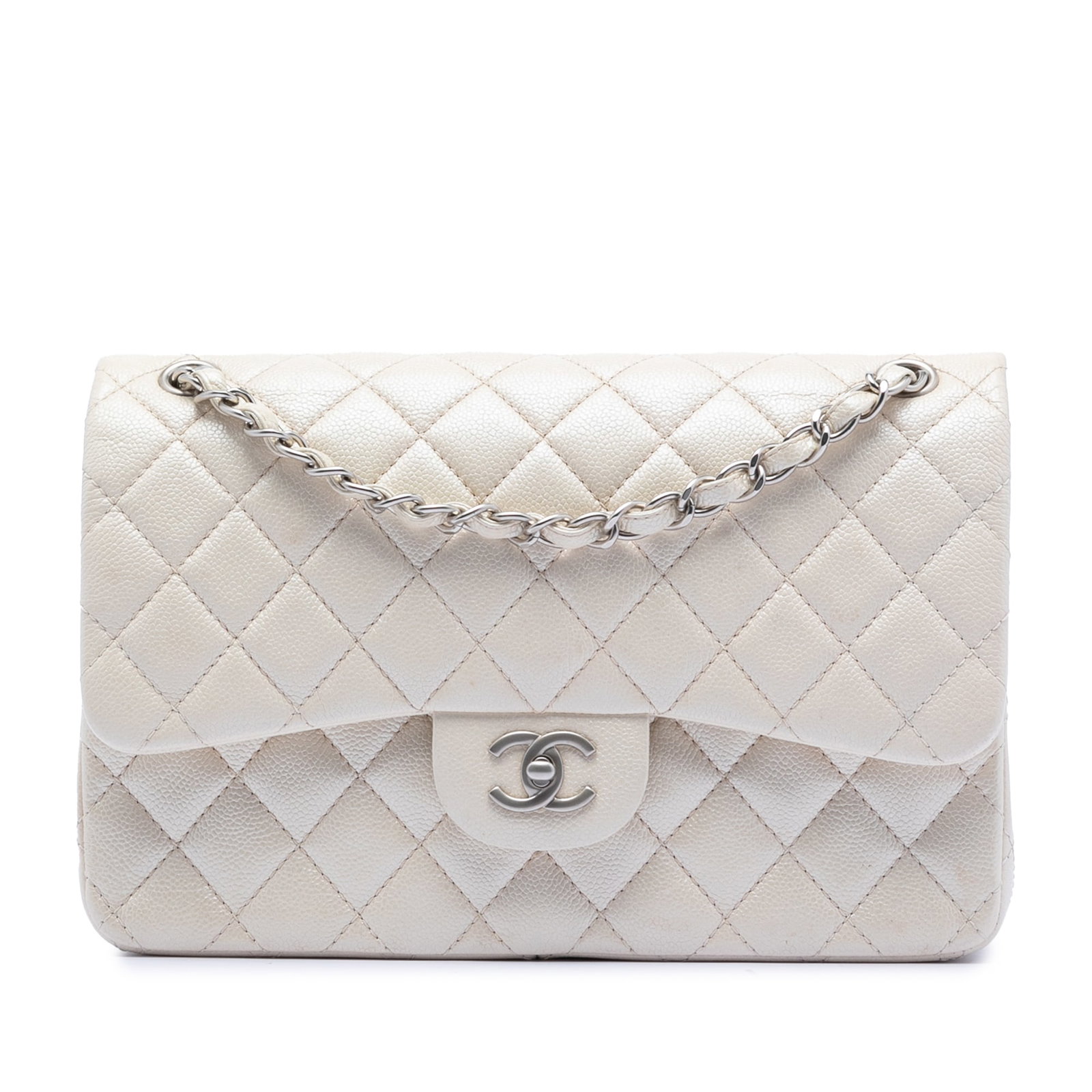Chanel Jumbo Iridescent Caviar Leather Double Flap Shoulder Bag White: Chanel Jumbo Iridescent Caviar Leather Double Flap Shoulder Bag White This Chanel Jumbo Classic Iridescent Caviar Double Flap shoulder bag is crafted from quilted caviar leather in white with an iride