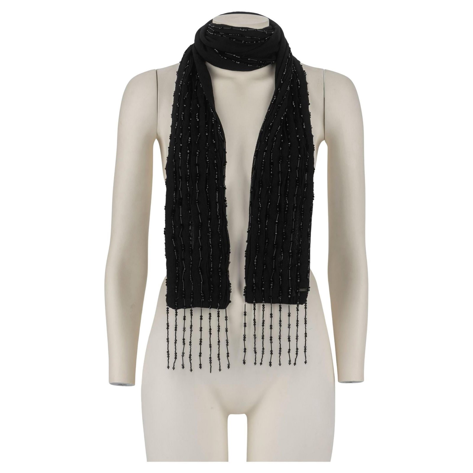 Yves Saint Laurent Silk Beaded Evening Scarf 4x78 in: Yves Saint Laurent Silk Beaded Evening Scarf 4x78 in Elevate your evening attire with this exquisite Yves Saint Laurent silk scarf. Crafted from luxurious black silk, this scarf features a stunning gl