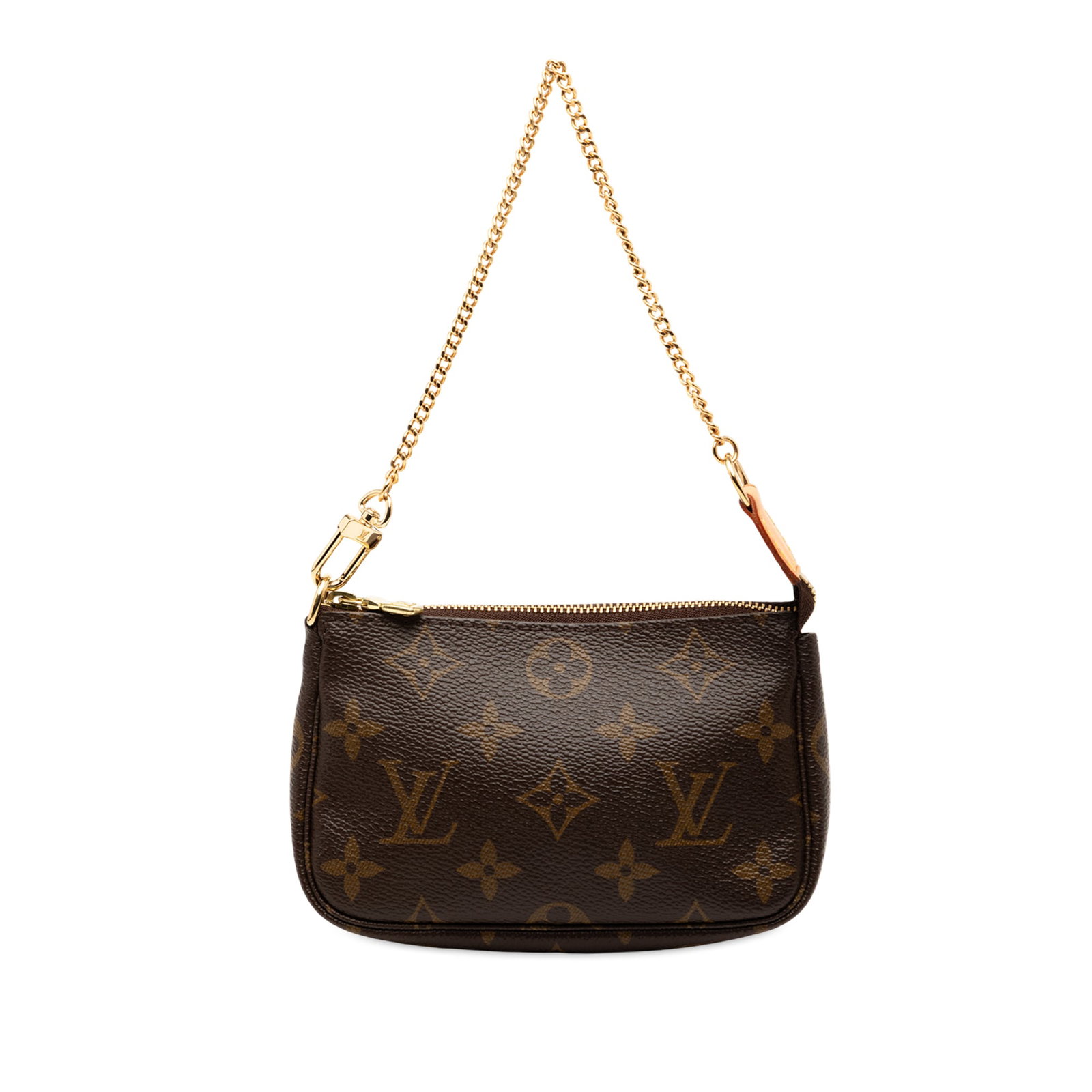 Louis Vuitton Mini Monogram Pochette with Gold Tone Chain Strap: Louis Vuitton Mini Monogram Pochette with Gold Tone Chain Strap The Louis Vuitton Monogram Mini Pochette Accessoires showcases a monogram canvas body with a gold-tone chain strap and a top zip closure