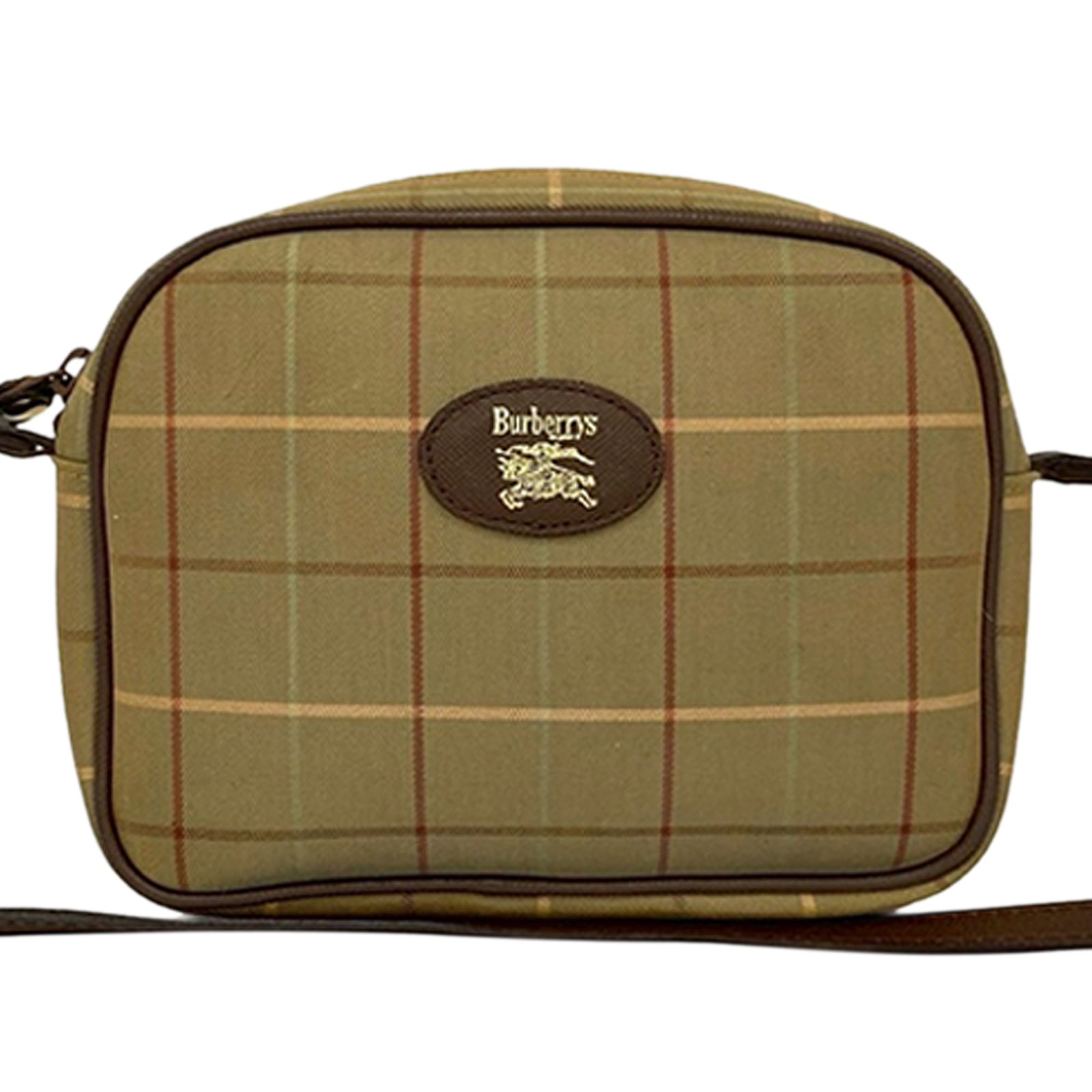 Vintage Check Canvas Shoulder Bag by Burberry with Leather Trim: Vintage Check Canvas Shoulder Bag by Burberry with Leather Trim This Burberry crossbody bag features the brand's iconic vintage check canvas body accented with leather trim. It includes a flat leather