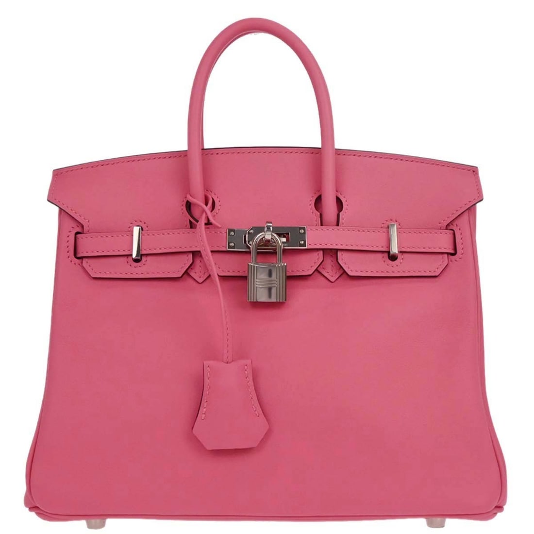Rose Azalee Pink Swift Leather Birkin 25 Top Handle Bag by Hermes: Rose Azalee Pink Swift Leather Birkin 25 Top Handle Bag by Hermes This Hermes Rose Azalee Swift Birkin 25 is a medium-sized handbag crafted from luxurious pink leather. It features double handles, a t