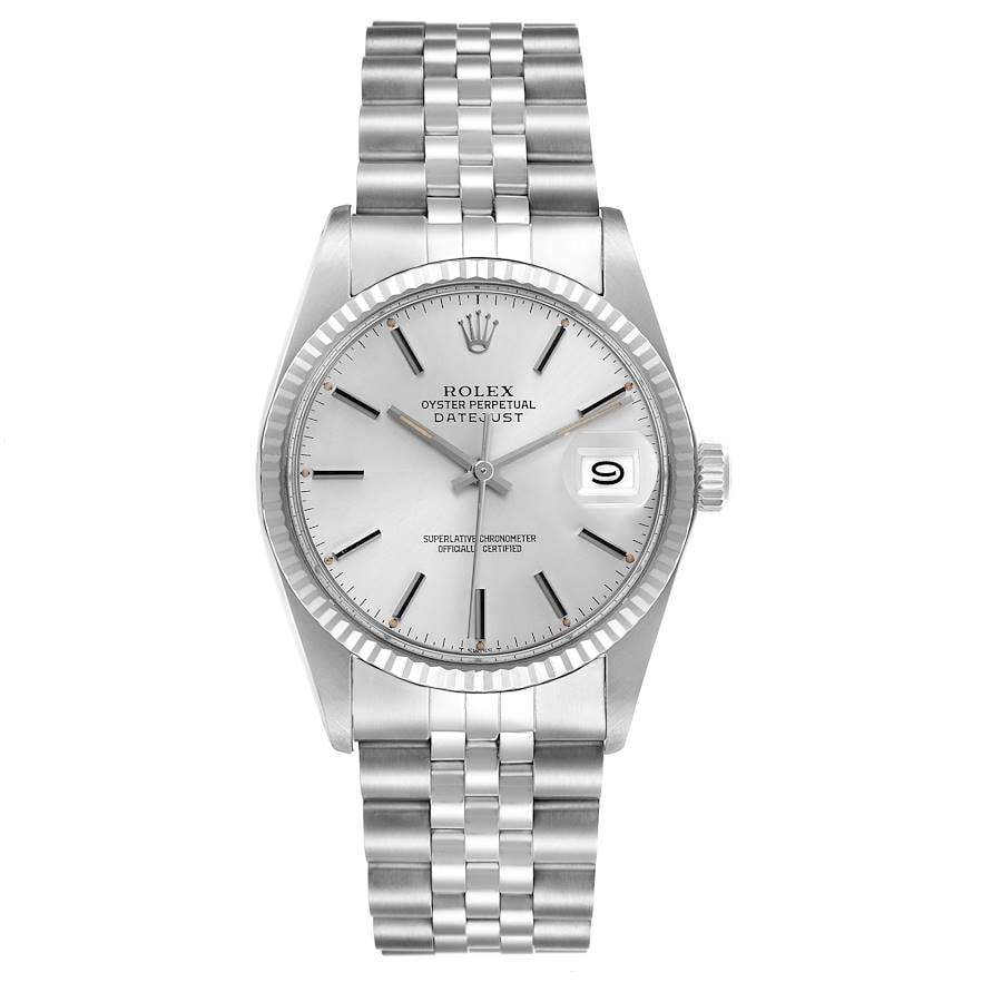 Datejust Reference 16014 Silver Stick Dial D Link Jubilee Bracelet Watch: Datejust Reference 16014 Silver Stick Dial D Link Jubilee Bracelet Watch This Rolex Datejust features a silver stick dial and a fluted bezel, complemented by a D-Link Jubilee bracelet. The watch is de