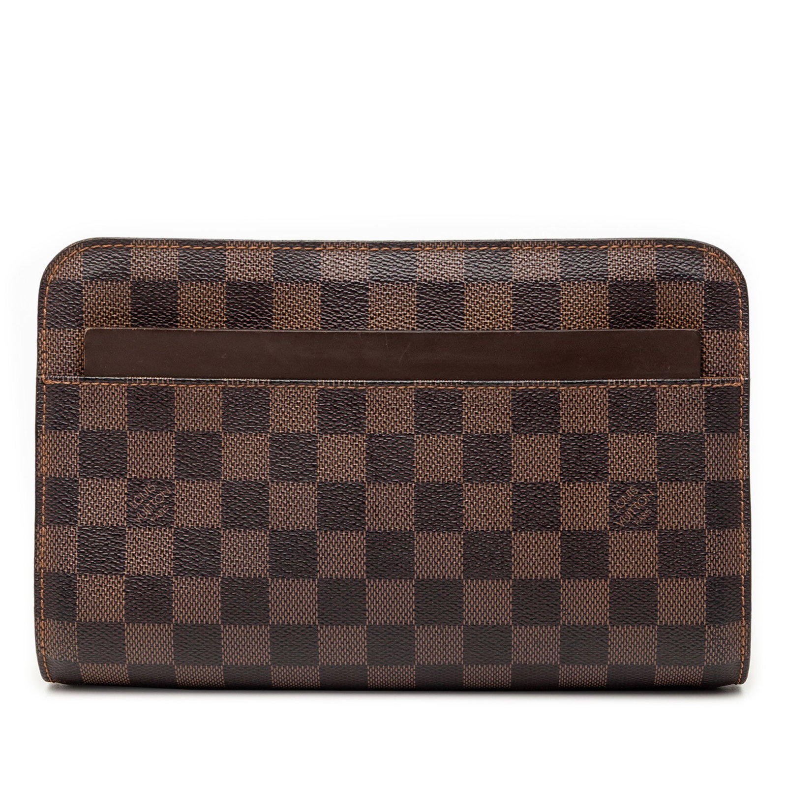 Damier Ebene Canvas Saint Louis Pochette by Louis Vuitton: Damier Ebene Canvas Saint Louis Pochette by Louis Vuitton This Louis Vuitton Damier Ebene Saint Louis Pochette features a damier canvas body with leather trim, a top zip closure, an exterior slip pock