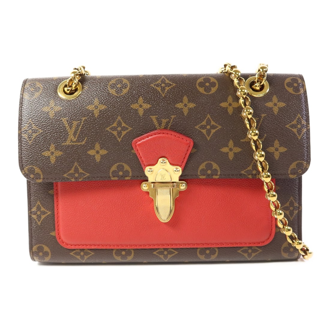 LOUIS VUITTON Victoire Chain Shoulder Bag M41731 Monogram Brown Red: LOUIS VUITTON Victoire Chain Shoulder Bag M41731 Monogram Brown Red The LOUIS VUITTON Victoire Chain Shoulder Bag features a stylish design crafted from durable PVC coated canvas in a classic brown co