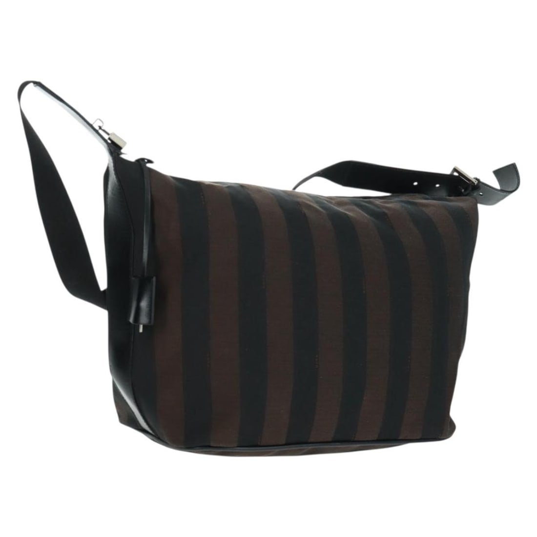 Fendi Pequin Canvas Shoulder Bag Black and Brown with Padlock and Keys: Fendi Pequin Canvas Shoulder Bag Black and Brown with Padlock and Keys This FENDI shoulder bag features the iconic Pequin canvas in black and brown, complemented by a classic silhouette. The bag inclu