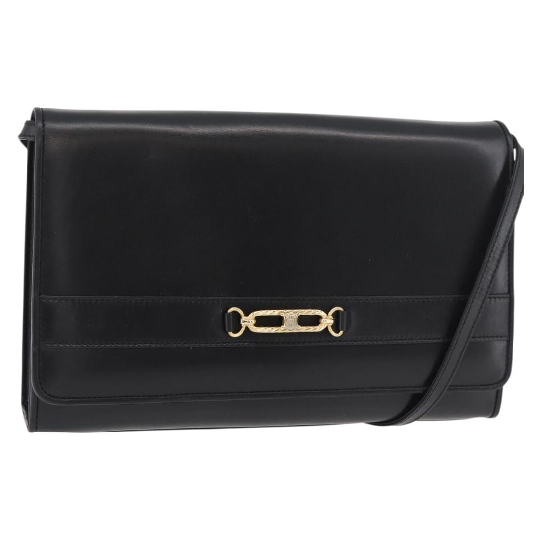 Celine black leather shoulder bag with gold tone accents: Celine black leather shoulder bag with gold tone accents This CELINE shoulder bag is crafted from black leather with gold-tone accents. Designed for women, it features a structured silhouette with an 
