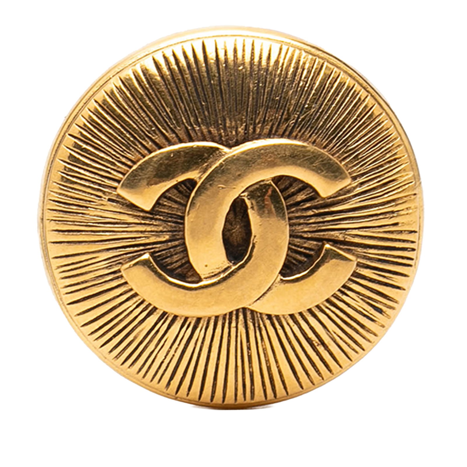 Chanel CC Round Gold Plated Metal Brooch Pin: Chanel CC Round Gold Plated Metal Brooch Pin This Chanel brooch showcases a round design crafted from gold-plated metal, featuring the iconic CC motif and a back pin closure. Made in France, it offers