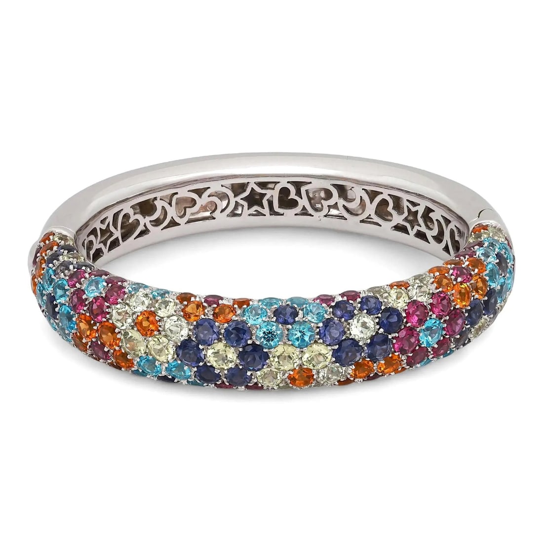 Pasquale Bruni 18k White Gold Bangle With Multicolor Gemstones Floral Motif: Pasquale Bruni 18k White Gold Bangle With Multicolor Gemstones Floral Motif This Pasquale Bruni bangle bracelet showcases a floral pattern with a vibrant array of multicolor gemstones set in 18k white
