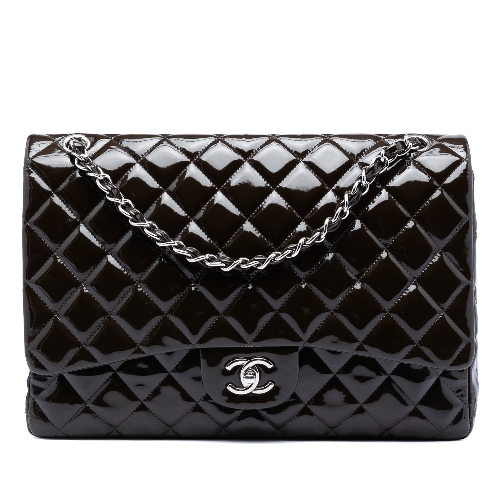 Chanel Brown Patent Leather Maxi Double Flap Shoulder Bag: Chanel Brown Patent Leather Maxi Double Flap Shoulder Bag This Chanel Maxi Classic Patent Double Flap shoulder bag features a quilted patent leather body in brown, leather-woven chain link straps, dou