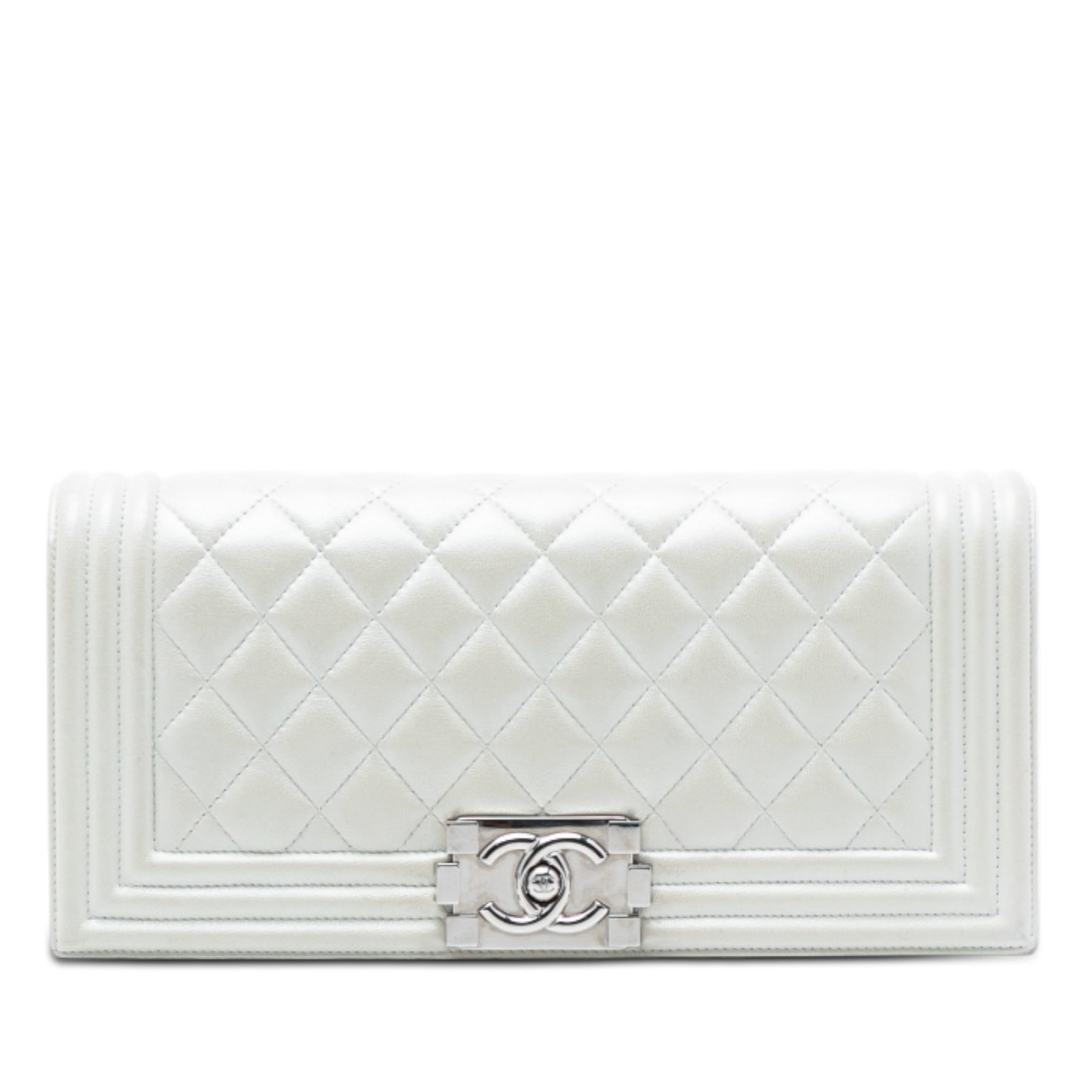 White Chanel Boy Clutch Quilted Lambskin Leather Flap Bag: White Chanel Boy Clutch Quilted Lambskin Leather Flap Bag This Chanel Quilted Lambskin Boy Flap Clutch features a white quilted leather exterior, a front flap with twist lock closure, and an interior 