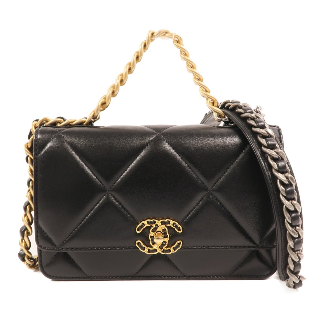 CHANEL 19 Black Lambskin WOC Shoulder Bag with Gold Tone CC Chain: CHANEL 19 Black Lambskin WOC Shoulder Bag with Gold Tone CC Chain This CHANEL 19 WOC chain shoulder bag features luxurious black lambskin leather and gold-tone hardware. Designed for women, it has a c