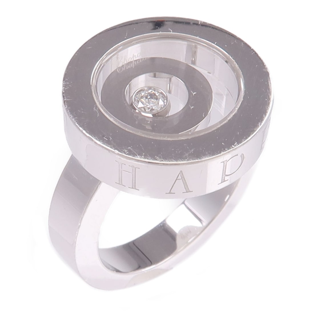 Chopard Happy Diamond 18K White Gold Ring Size 6.5: Chopard Happy Diamond 18K White Gold Ring Size 6.5 This Chopard Happy Diamond ring is crafted from 18K white gold and features a clear diamond as its main stone. Designed for women, the ring is a size
