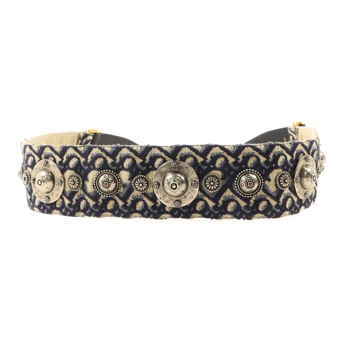 Dior Canvas Navy and Beige Shoulder Strap with Gold Hardware: Dior Canvas Navy and Beige Shoulder Strap with Gold Hardware This Christian Dior shoulder strap is crafted from navy and beige canvas with gold-tone metal accents. Designed for women, it offers a styl