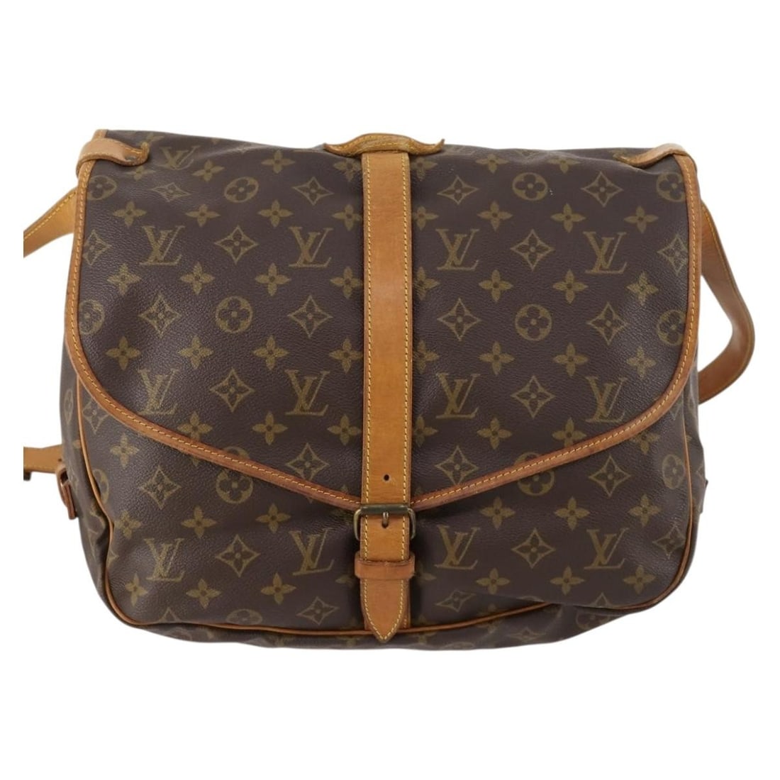 Louis Vuitton Brown Canvas Saumur Crossbody Bag Unisex France: Louis Vuitton Brown Canvas Saumur Crossbody Bag Unisex France The Louis Vuitton Saumur Handbag is crafted from signature monogram canvas in brown, designed for unisex use. This model features a spacio